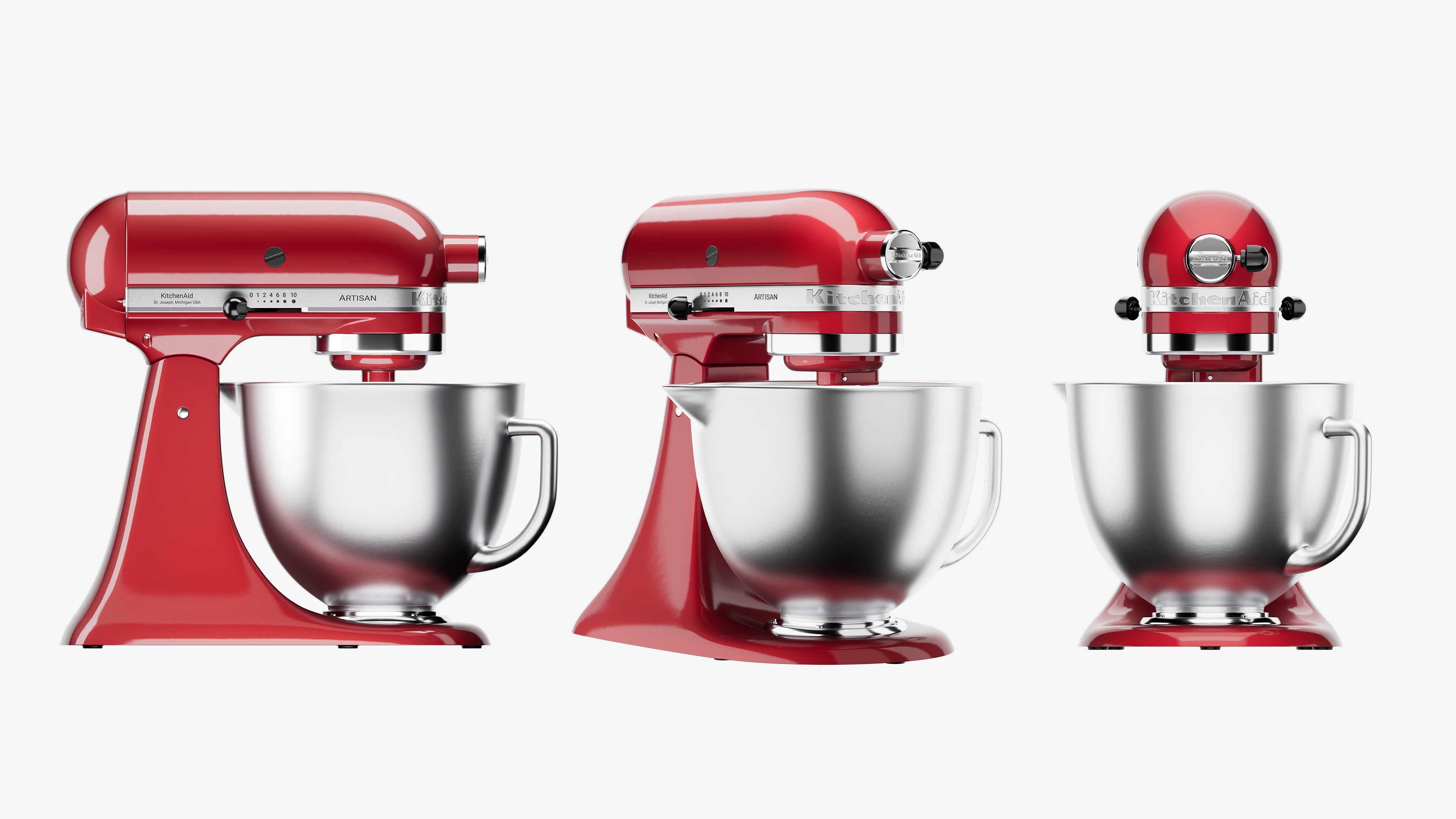 Pack de 3 rendus 3D packshot 3D d'un robot pâtissier KitchenAid rouge