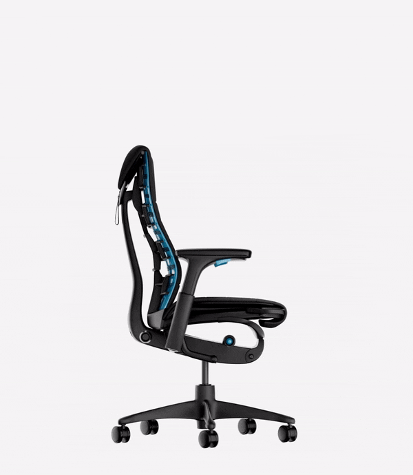 GIF 360° photoréaliste d'une chaise gamer noire et bleue