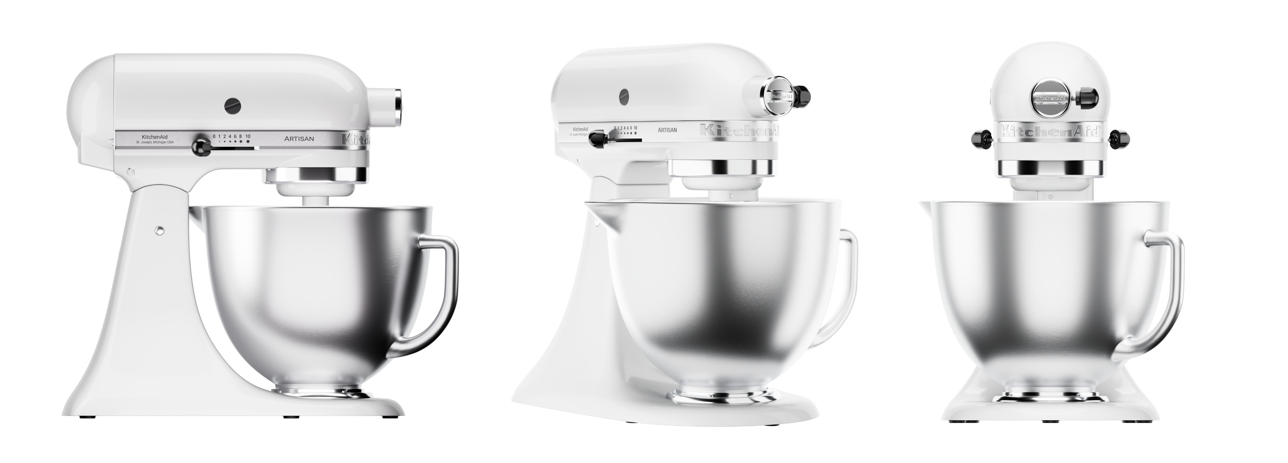 Pack de 3 rendus 3D packshot 3D d'un robot pâtissier KitchenAid blanc