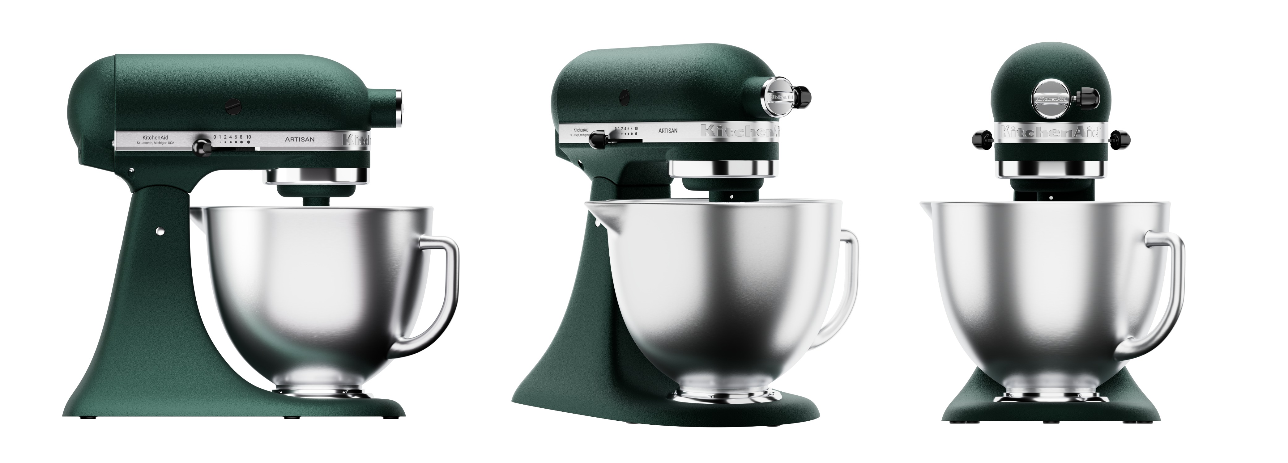 Pack de 3 rendus 3D packshot 3D d'un robot pâtissier KitchenAid vert
