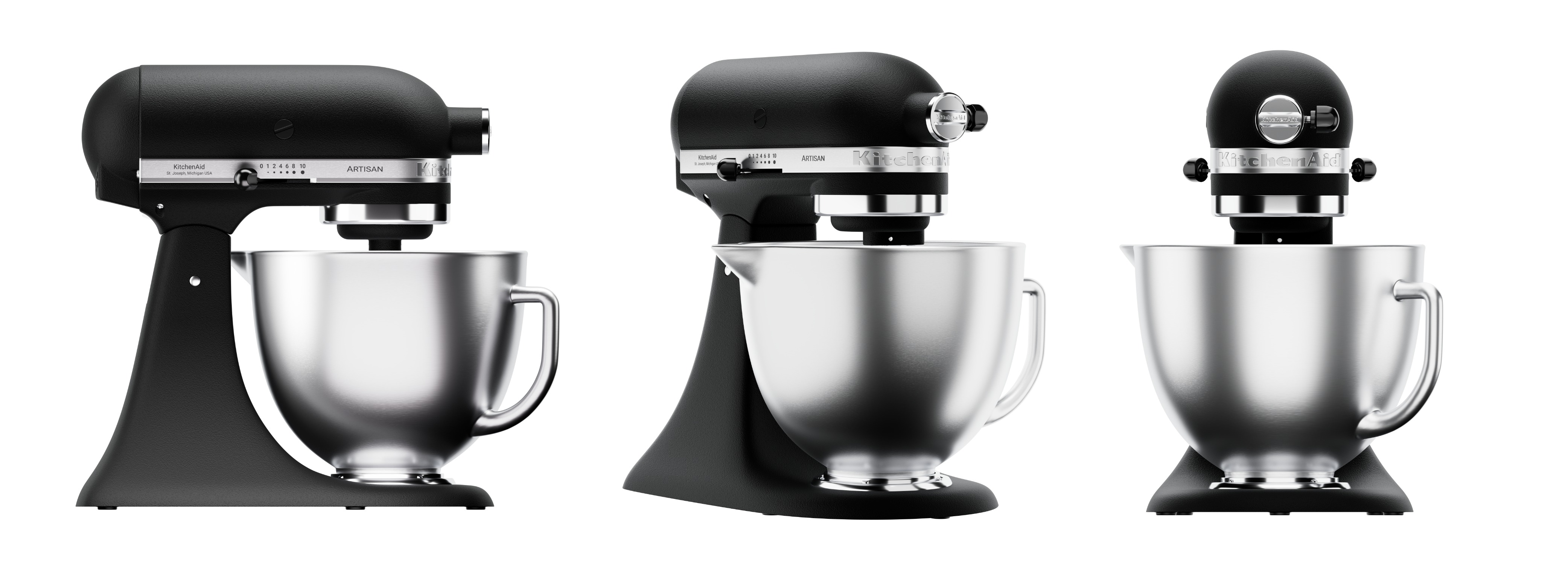 Pack de 3 rendus 3D packshot 3D d'un robot pâtissier KitchenAid noir