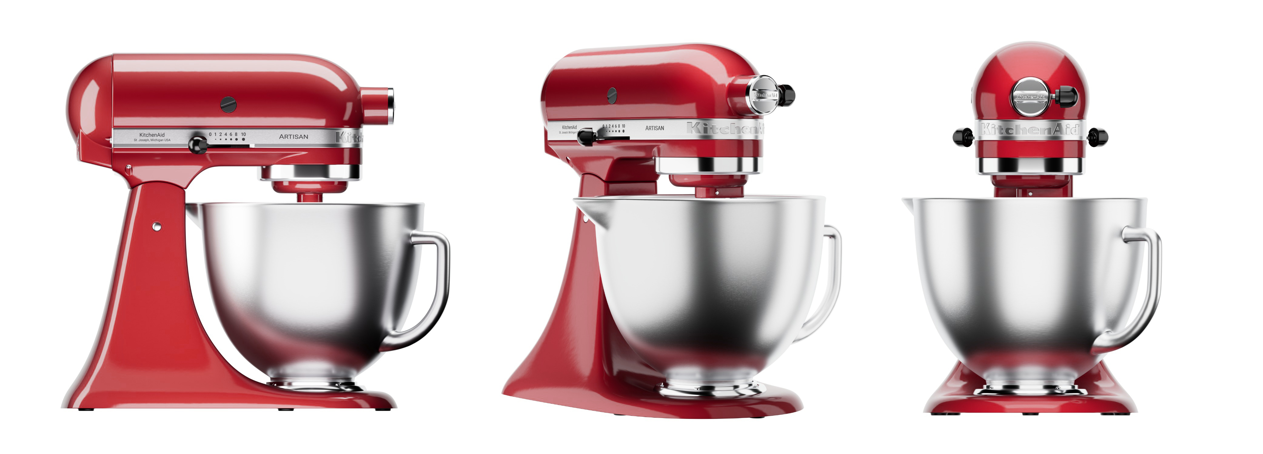 Pack de 3 rendus 3D packshot 3D d'un robot pâtissier KitchenAid rouge