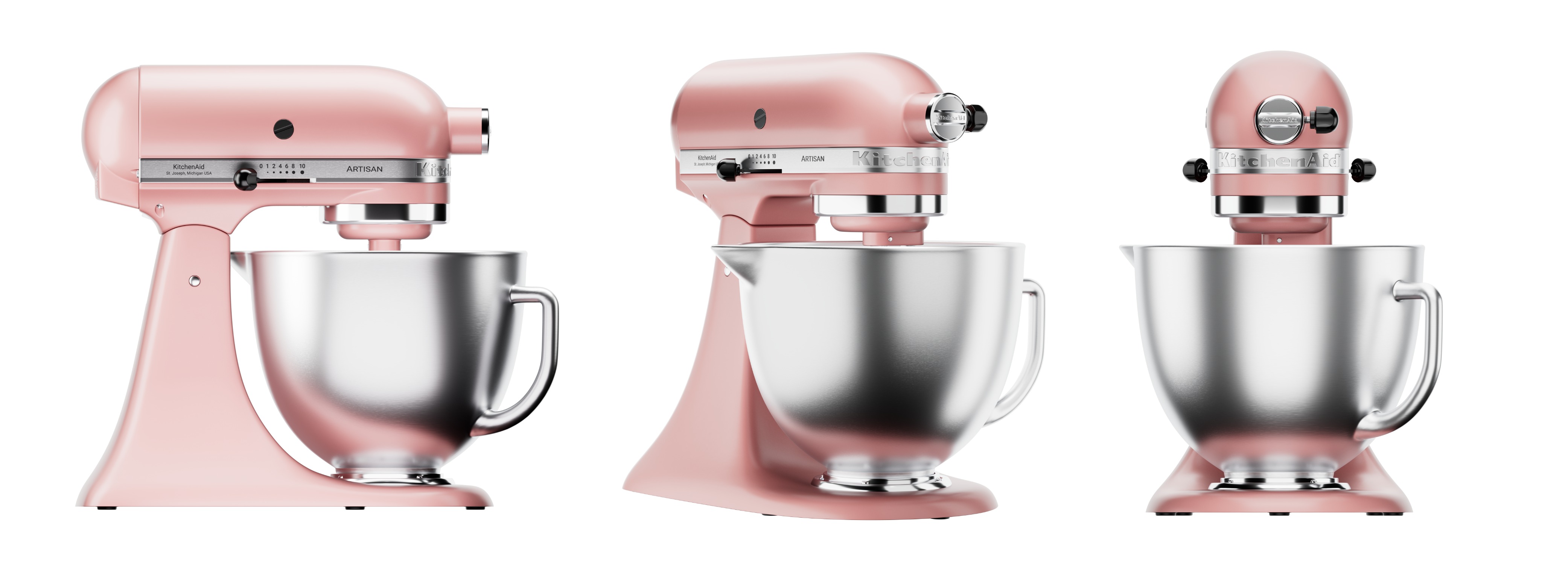 Pack de 3 rendus 3D packshot 3D d'un robot pâtissier KitchenAid rose