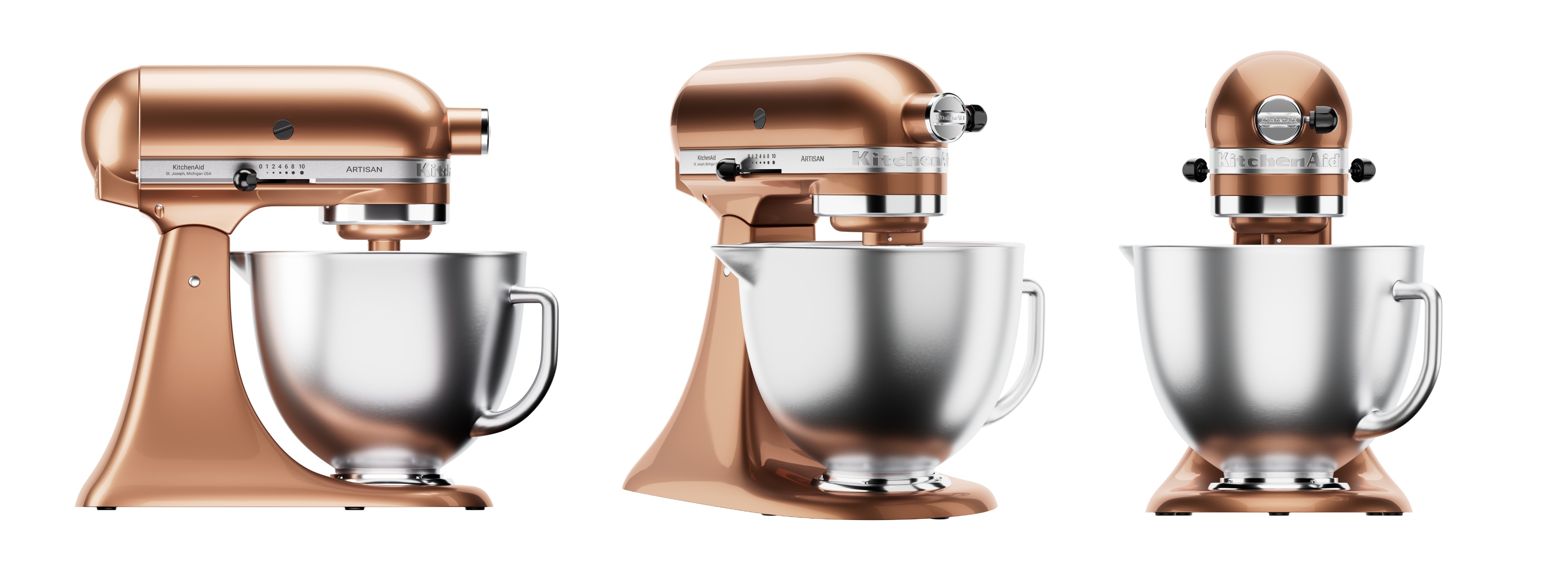 Pack de 3 rendus 3D packshot 3D d'un robot pâtissier KitchenAid cuivre
