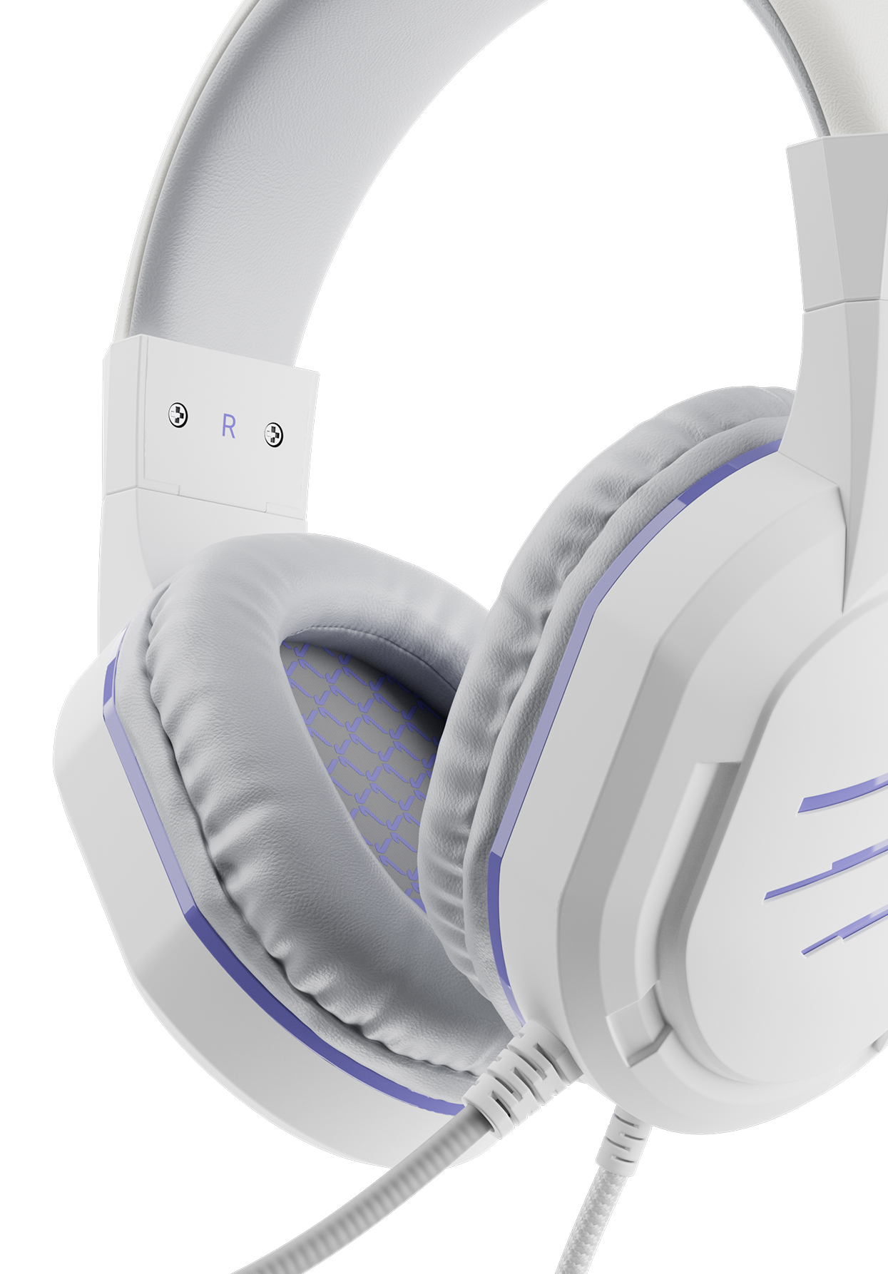 photo en 3D d'un casque audio gamer blanc et violet