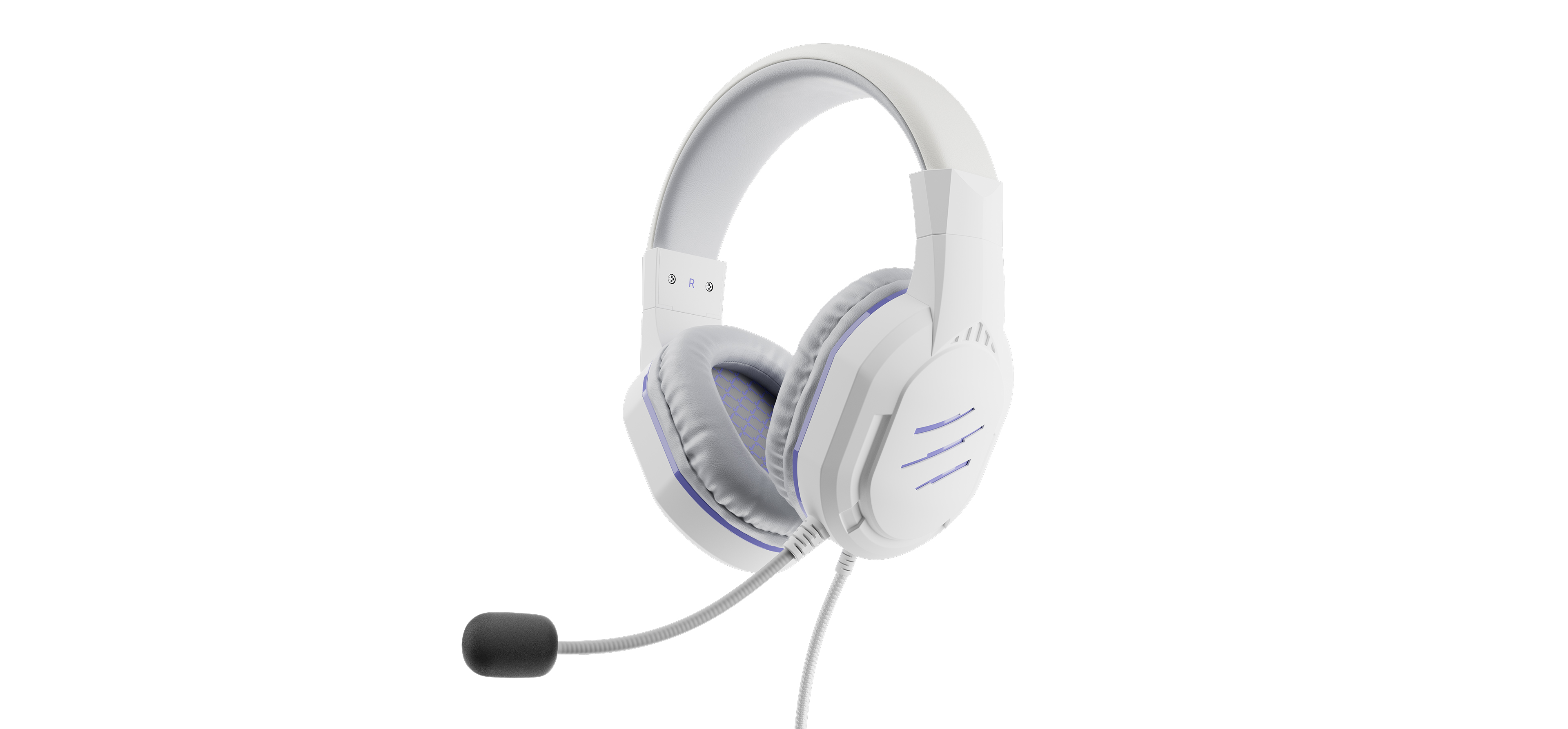 photo d'un casque audio gamer blanc et violet