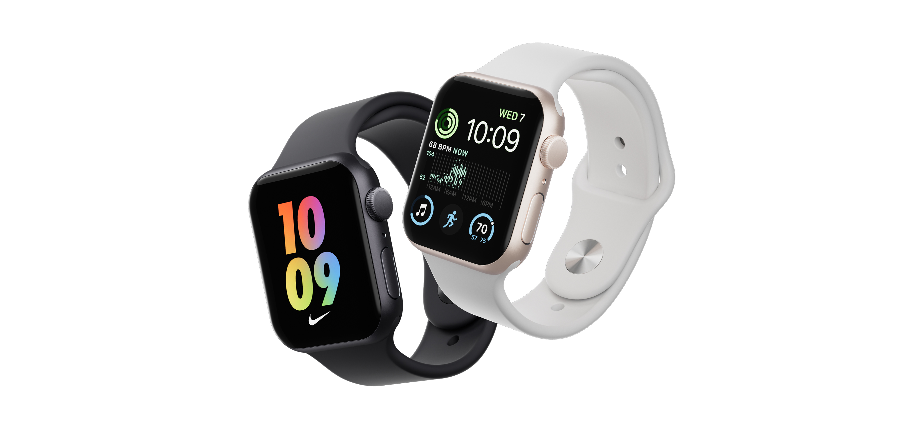 Rendus 3D photoréalistes de deux apple watch SE de couleurs différentes. Une montre noire, et une montre blanche.