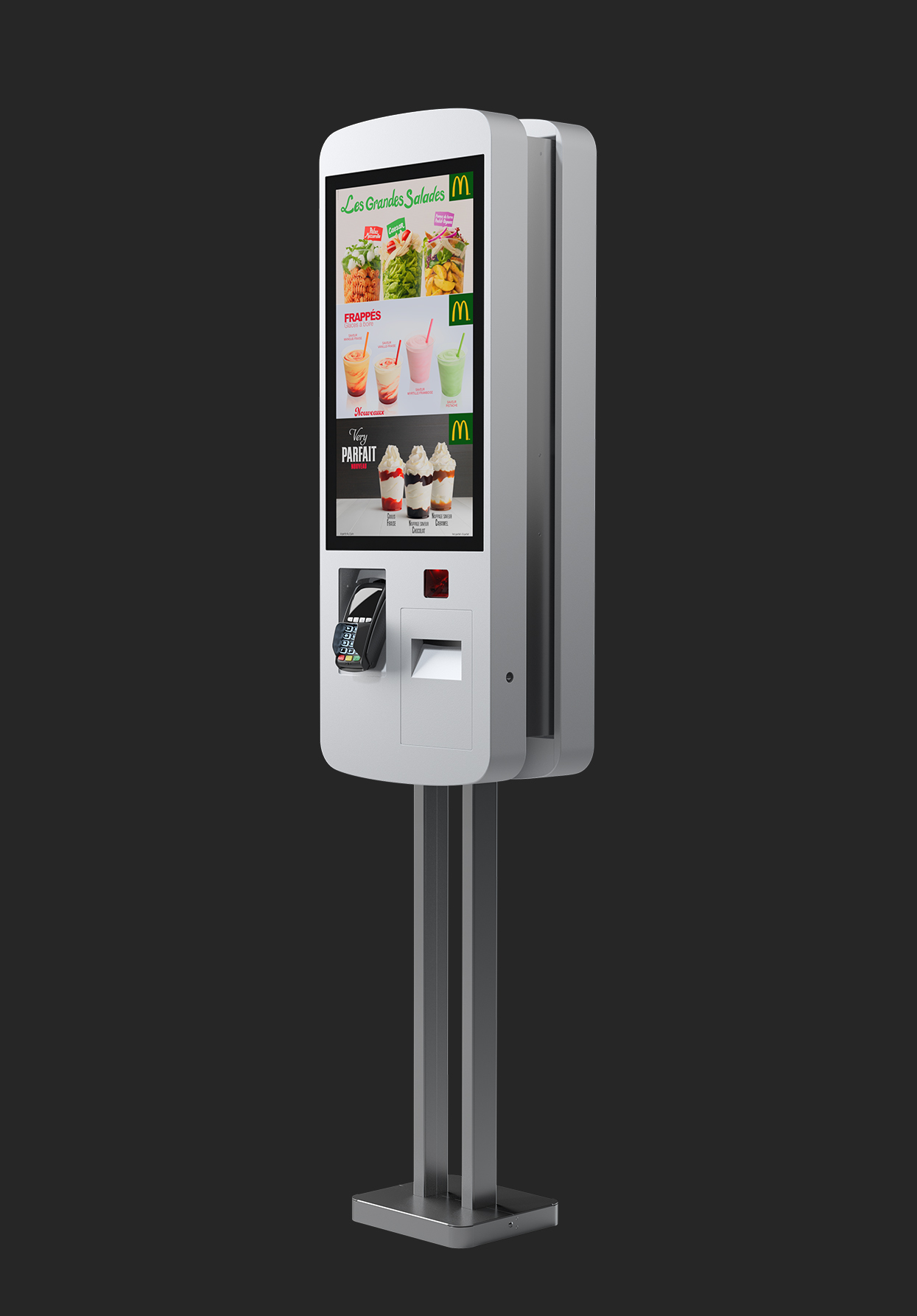 rendu 3D de 3/4 d'une borne de commande pour restauration rapide