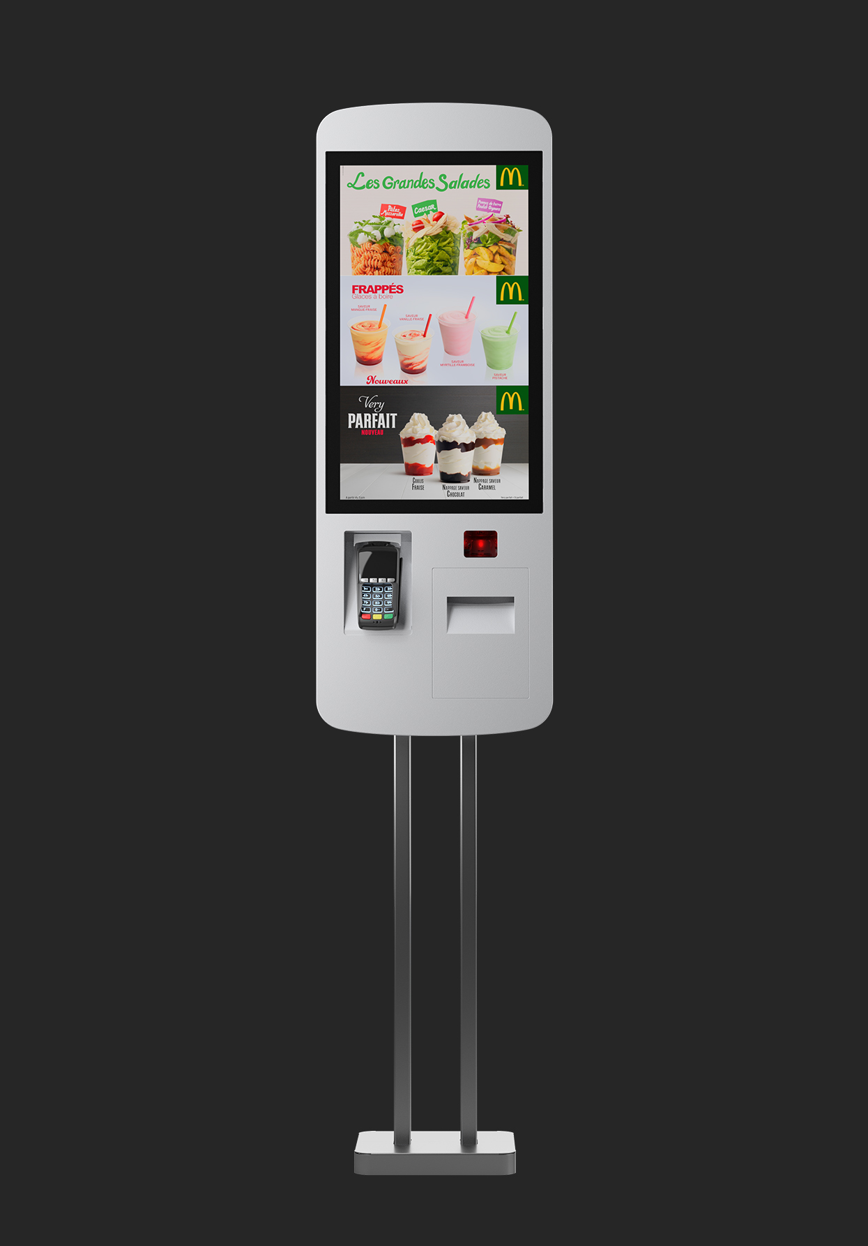 rendu 3D de face d'une borne de commande pour restauration rapide