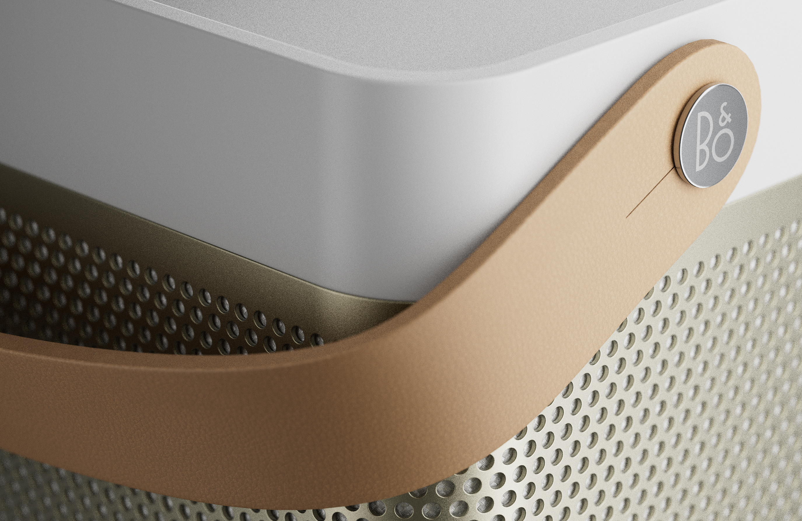 rendu 3D d'une enceinte Bose zoomé sur la poignée en cuir
