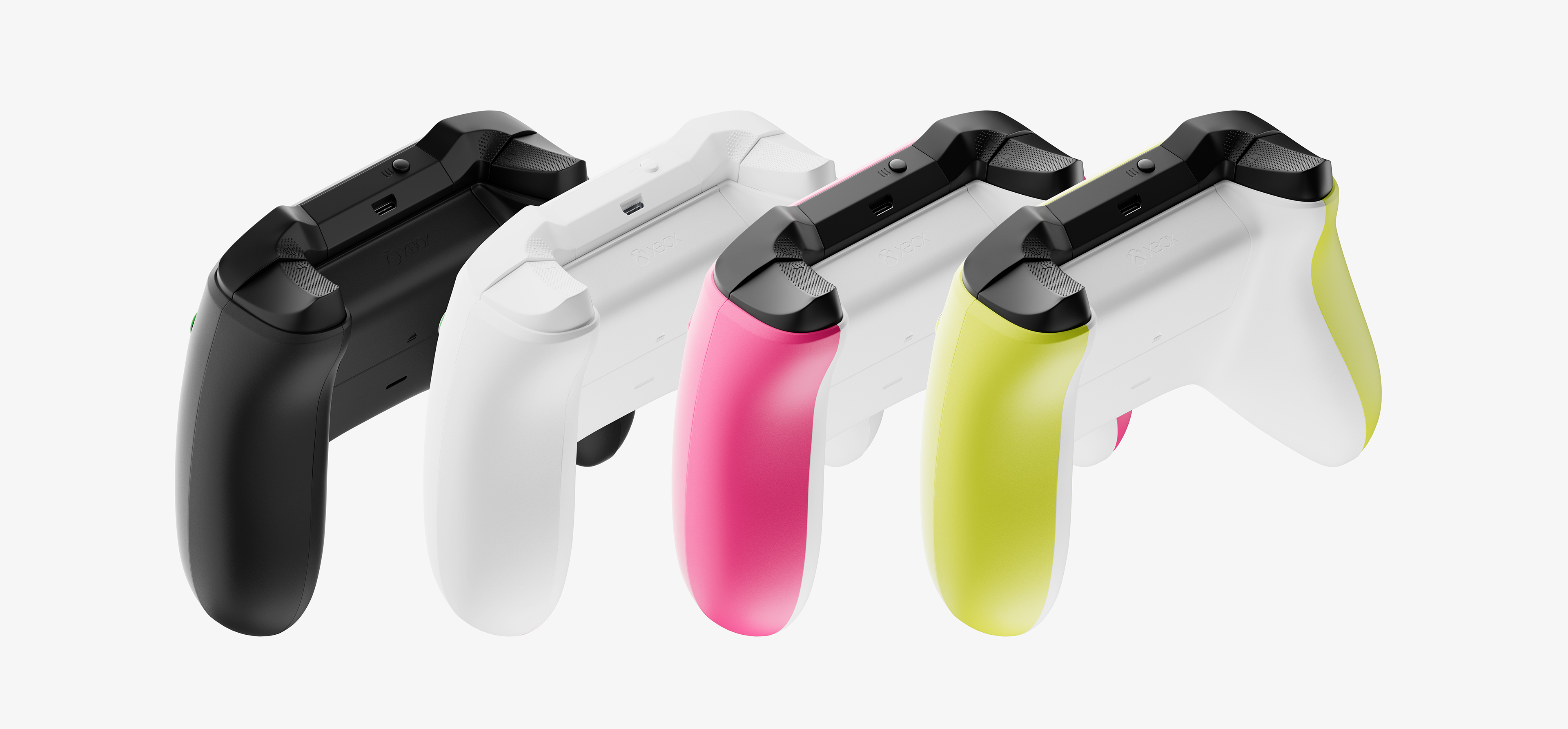 Image 3D de 4 manettes Xbox Series noire, blanche, rose et jaune