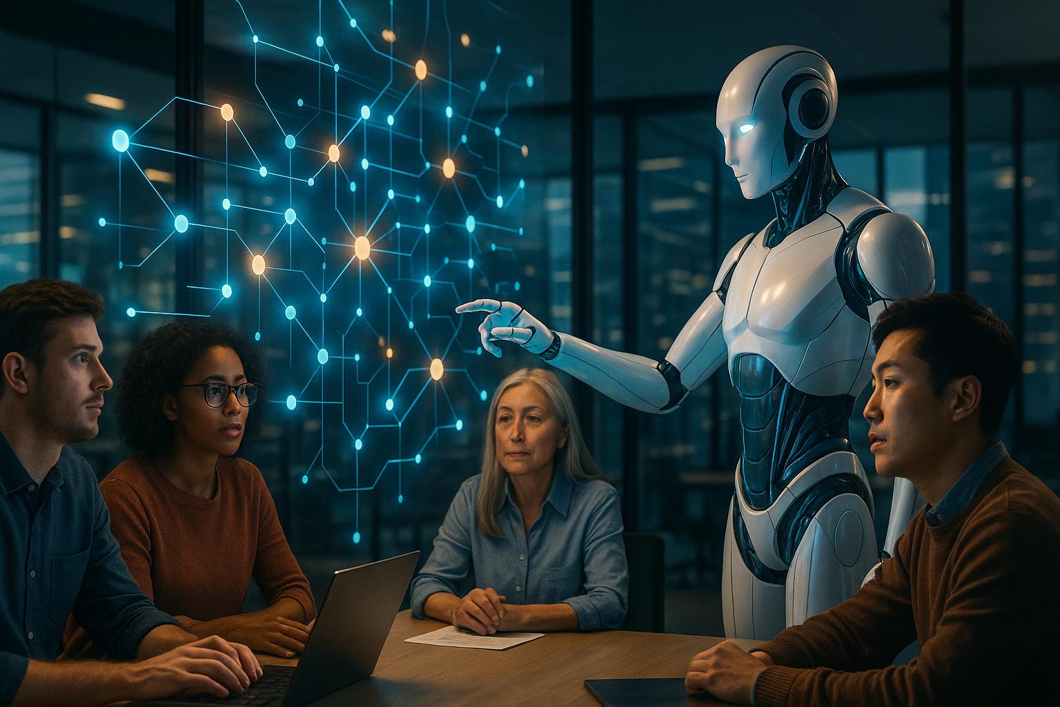 Humanoid robot points at a digital network display while four people listen during a meeting.