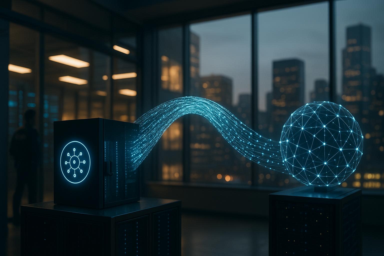 Glowing data stream flows from a server to a connected digital sphere in a city office.
