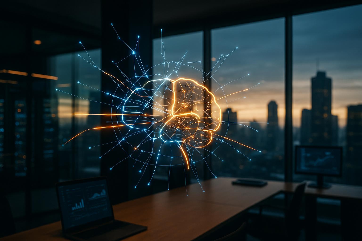 Glowing digital brain with blue and orange neural lines floating in a modern office at sunset.