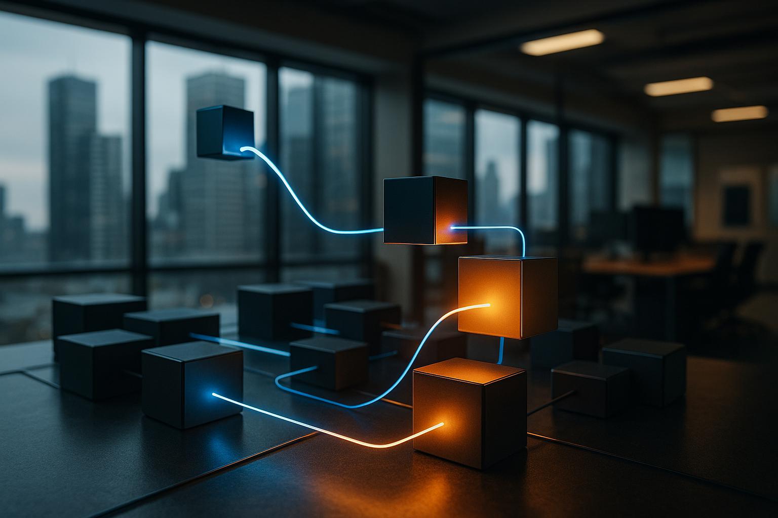 מודולים מופשטים מחוברים, חלקם מוארים באור בהיר ומתארגנים מחדש באופן דינמי כדי לייעל זרימת נתונים מרכזית