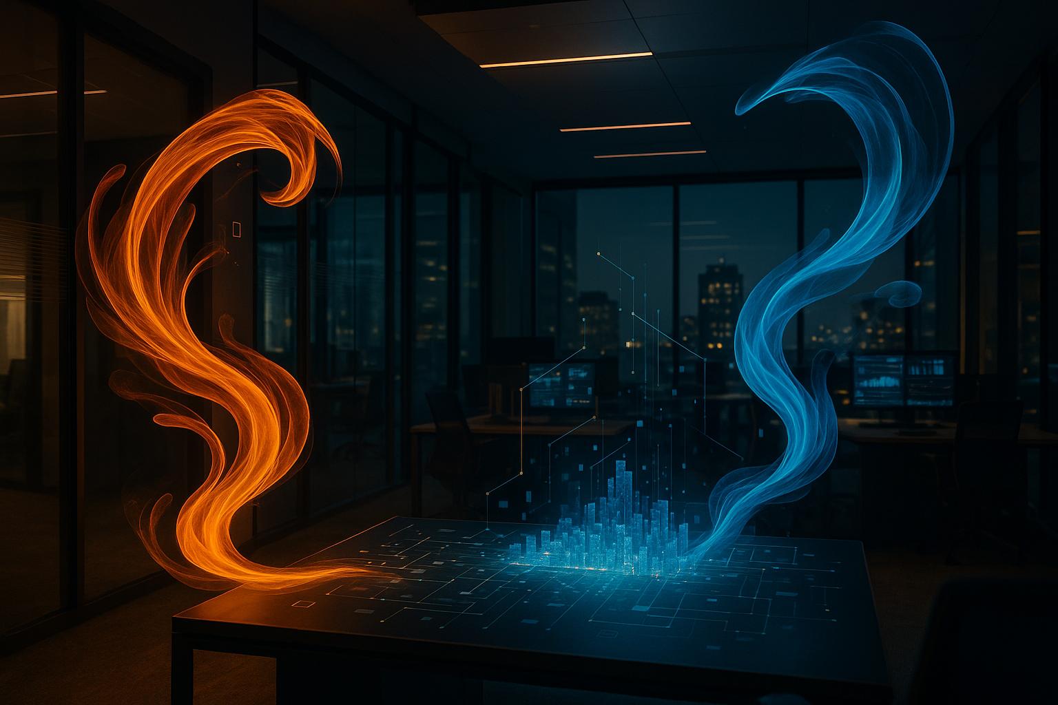 כוחות מופשטים מקיימים אינטראקציה סביב נוף דיגיטלי עם זרימת נתונים.