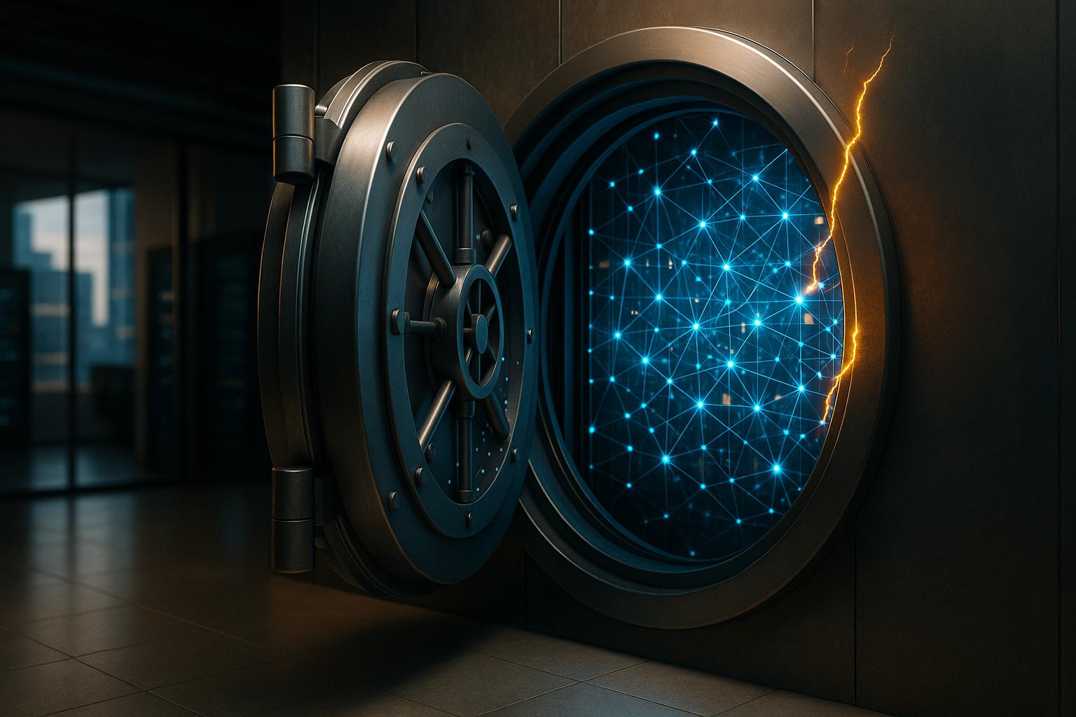 דלת כספת דיגיטלית, פתוחה חלקית, חושפת רשת מורכבת וזוהרת של צמתי נתונים מחוברים בתוכה, עם 'סדק' או 'פריצה' מופשטים ועדינים המיוצגים על ידי אפקט אור מנוגד על פניה.