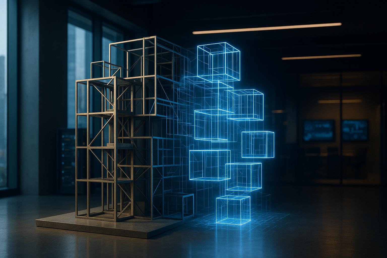 An unfinished geometric structure with glowing blueprint sections, representing AI development.