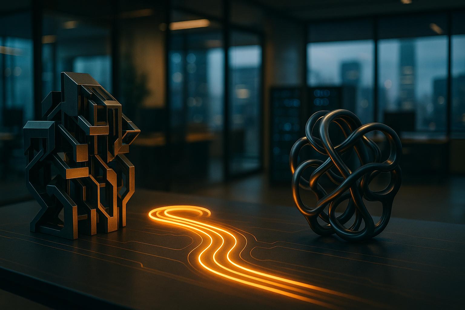 שני מבנים גיאומטריים מופשטים, אחד קשיח ומורכב, השני נוזלי, עם נתיב זוהר השזור ביניהם.