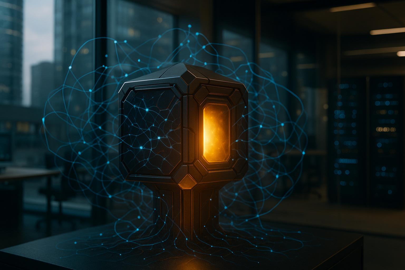 מבנה גיאומטרי חזק עם ליבה זוהרת, המייצג בינה בבעלות, עומד איתן בתוך רשת חיצונית מסתחררת ופחות מוגדרת.