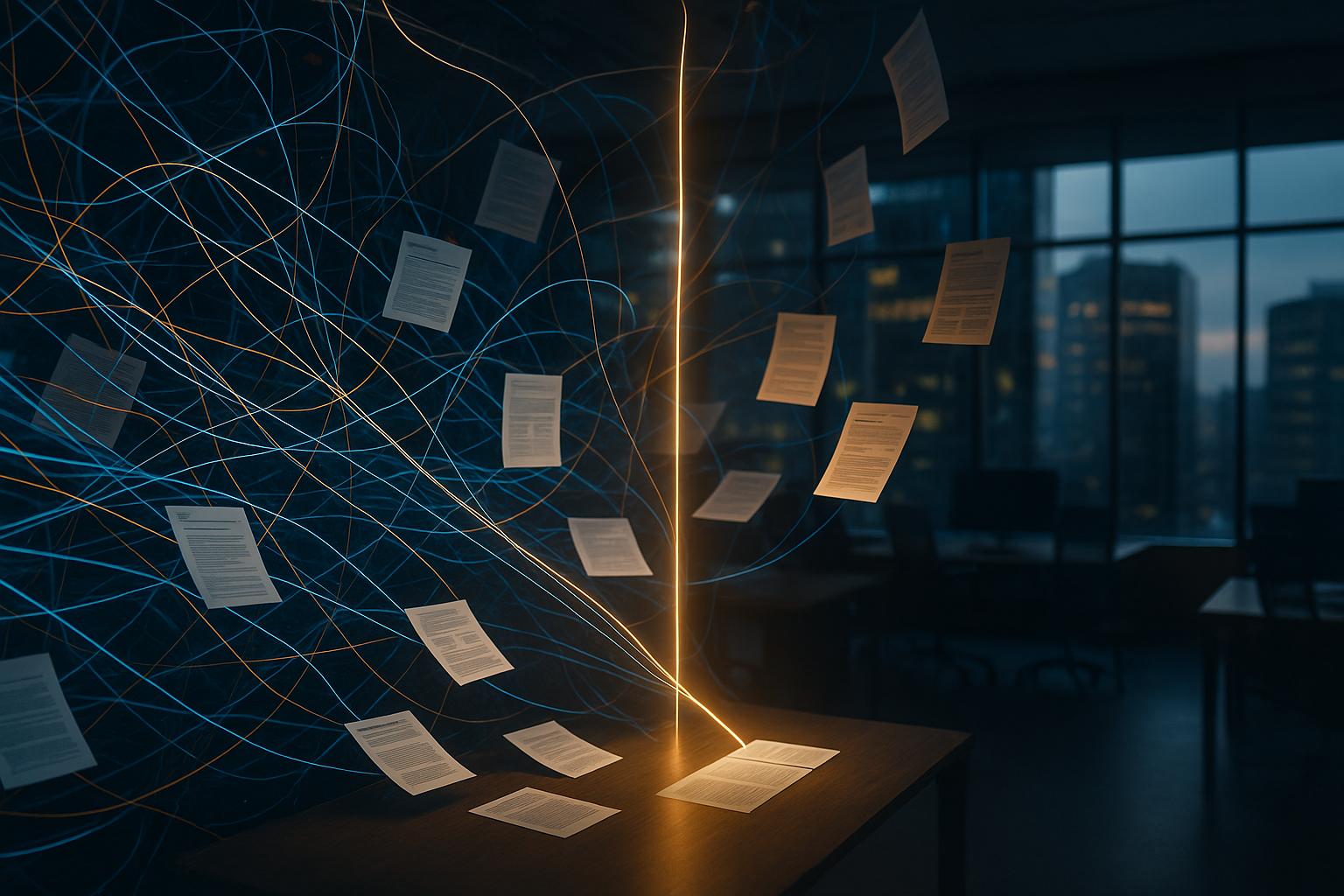 A focused beam of light cutting through a chaotic network of data streams and research papers, symbolizing clarity amidst complexity.