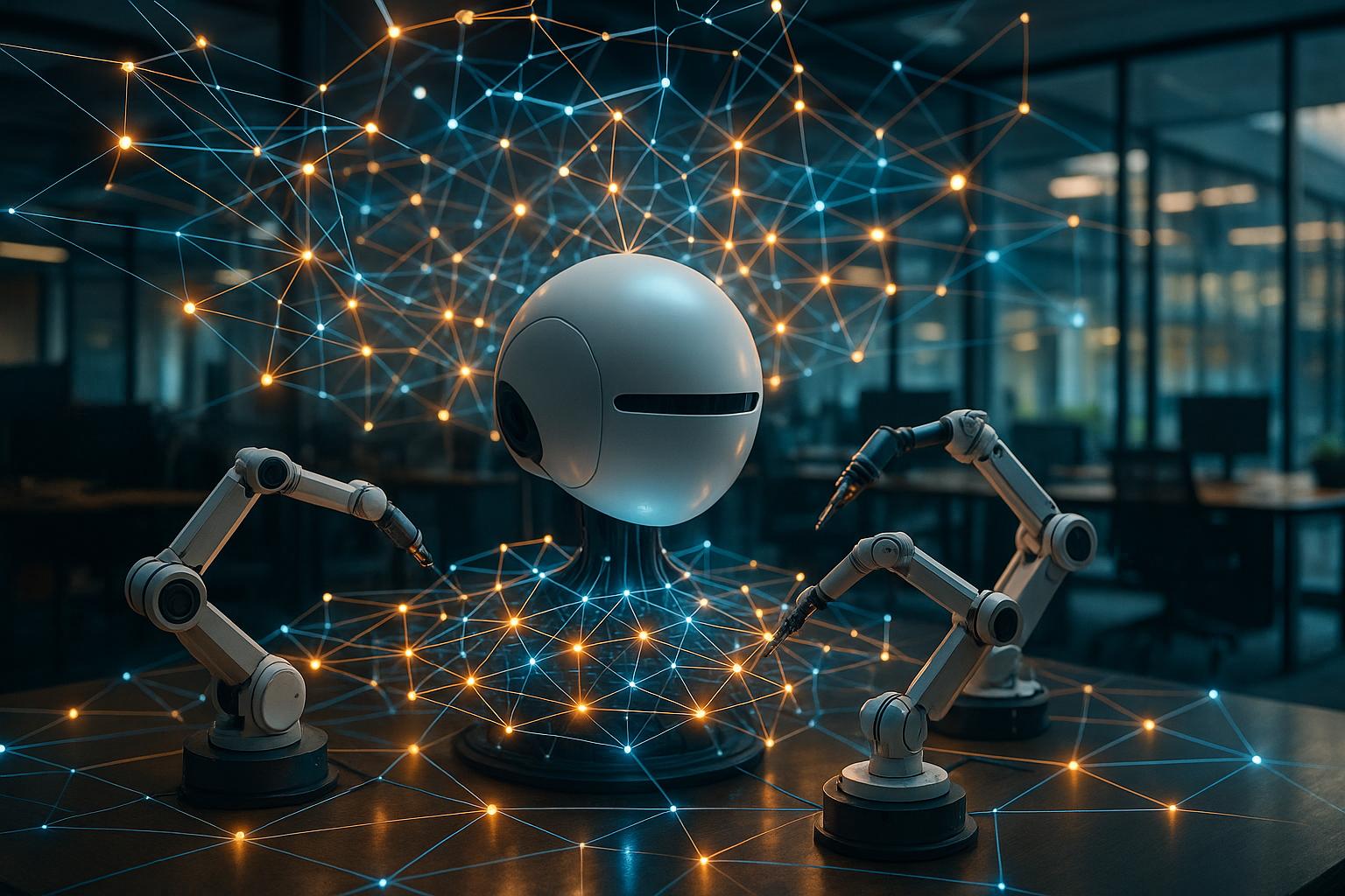 A central glowing digital node orchestrating smaller robotic arms within a futuristic network.