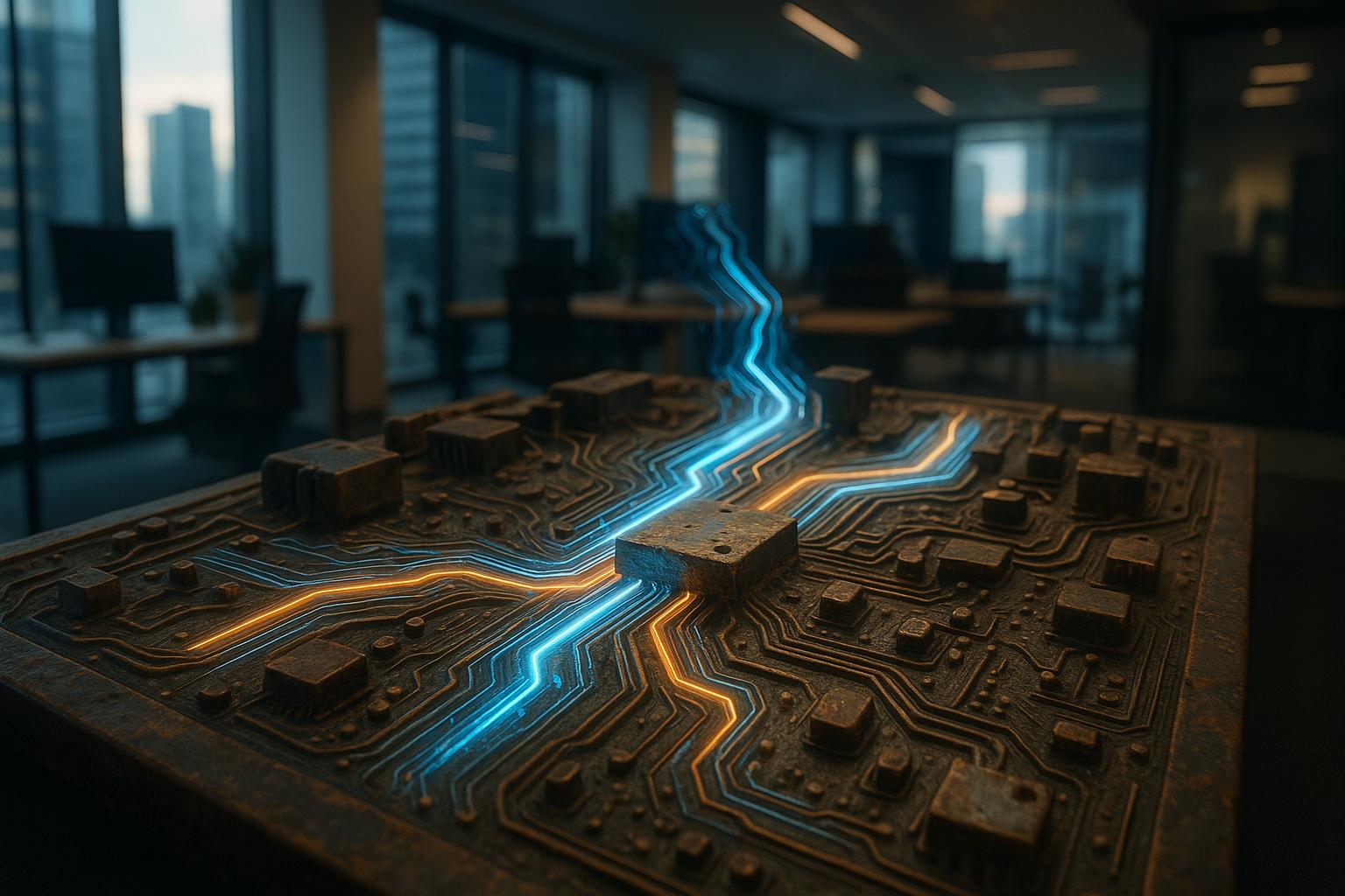 מעגל מודפס עתיק עם זרמי נתונים מודרניים זוהרים הזורמים דרכו, ומשנים את רכיביו.