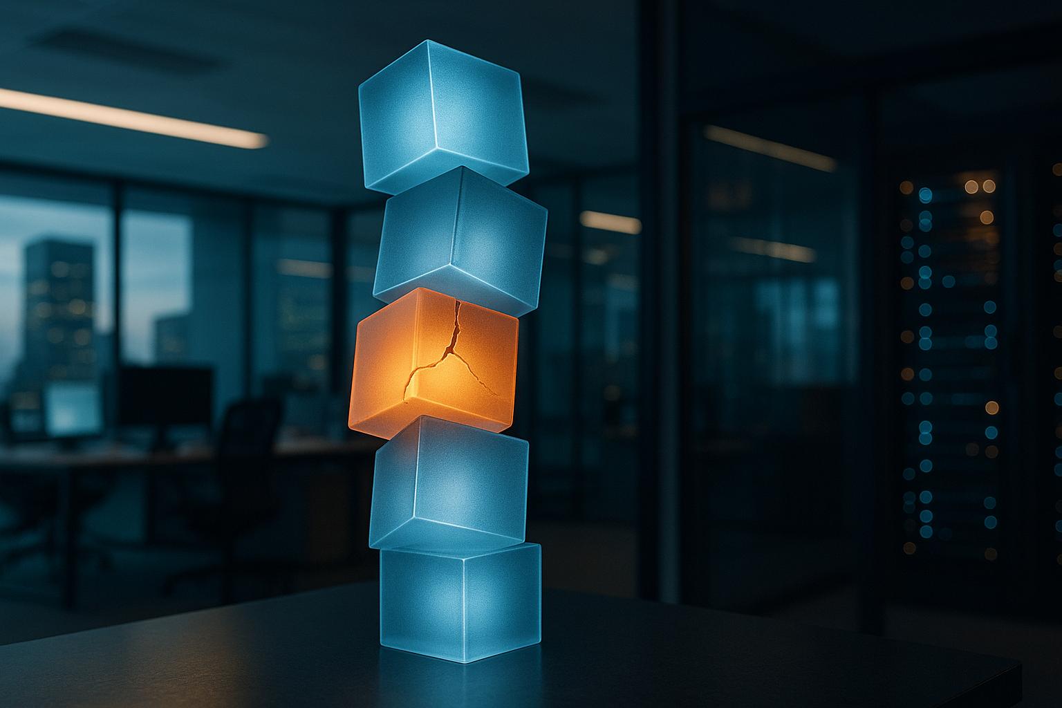 A precarious stack of glowing digital blocks, one cracked and unstable.