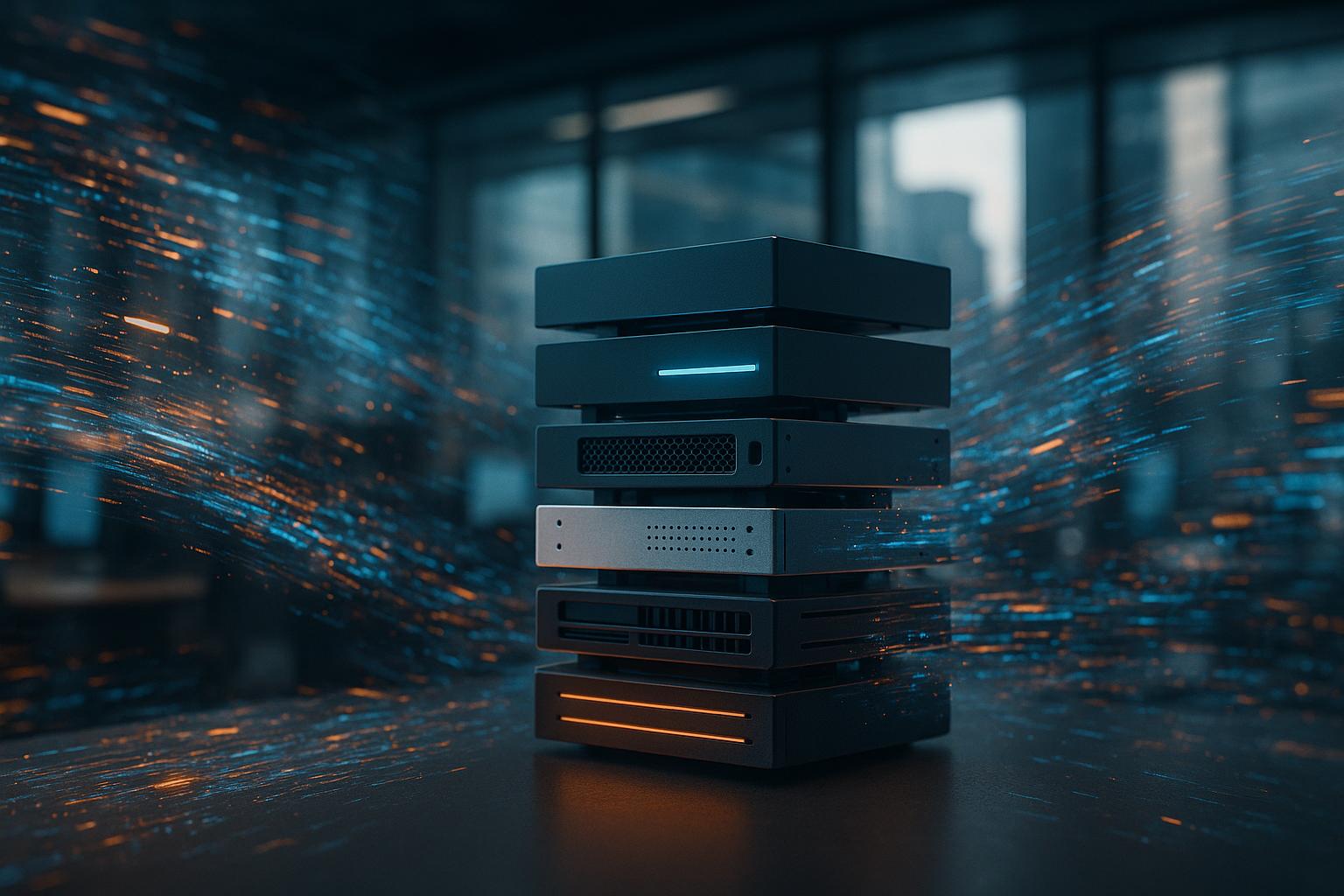 A robust, multi-layered digital structure with interchangeable components, standing firm amidst a swirling, dynamic digital landscape of rapidly shifting abstract data streams and obsolete fragments.