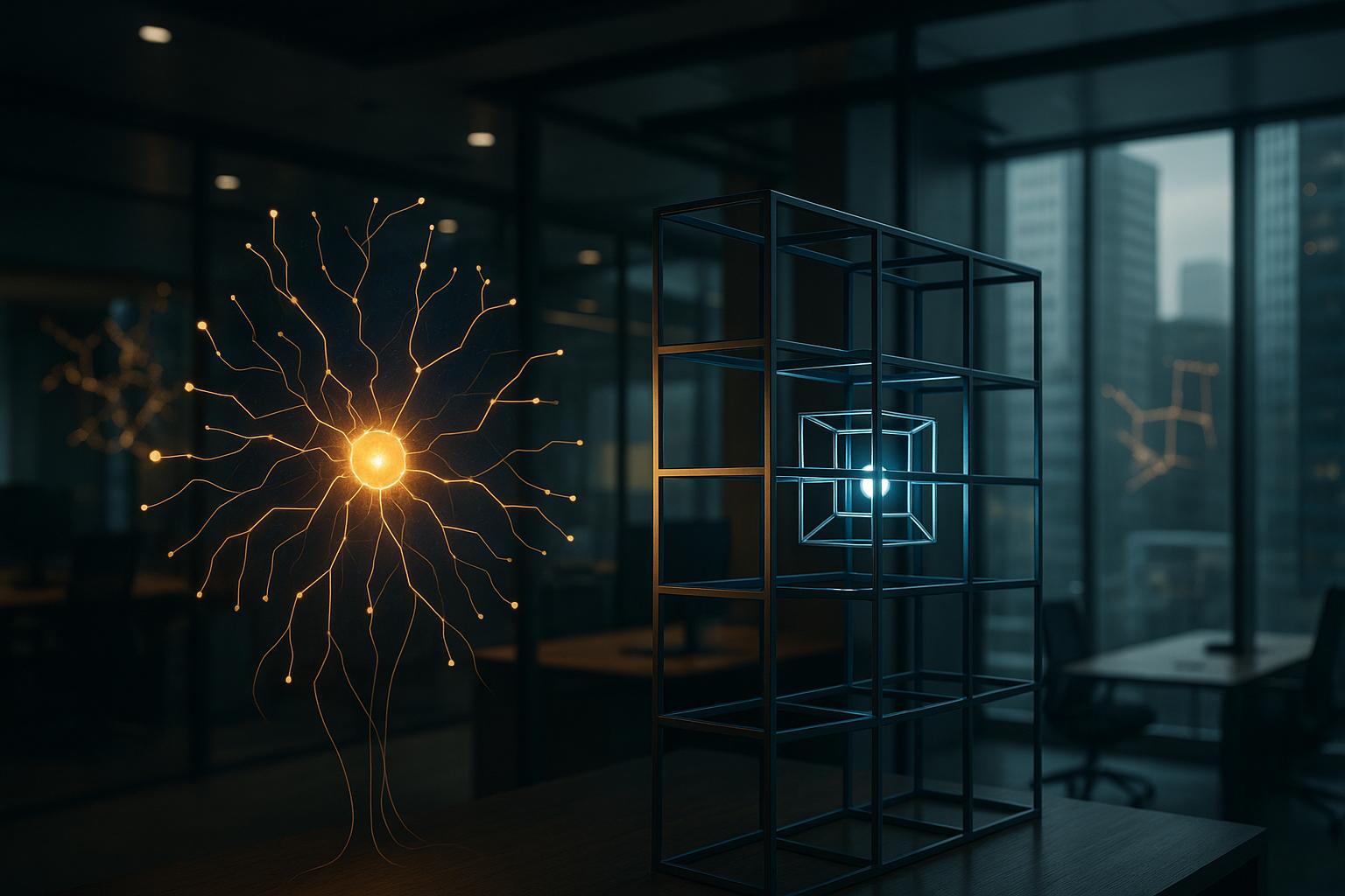 רשת נוירונים זוהרת המשולבת במסגרת עסקית גיאומטרית, תוך הימנעות ממבנה מקוטע.