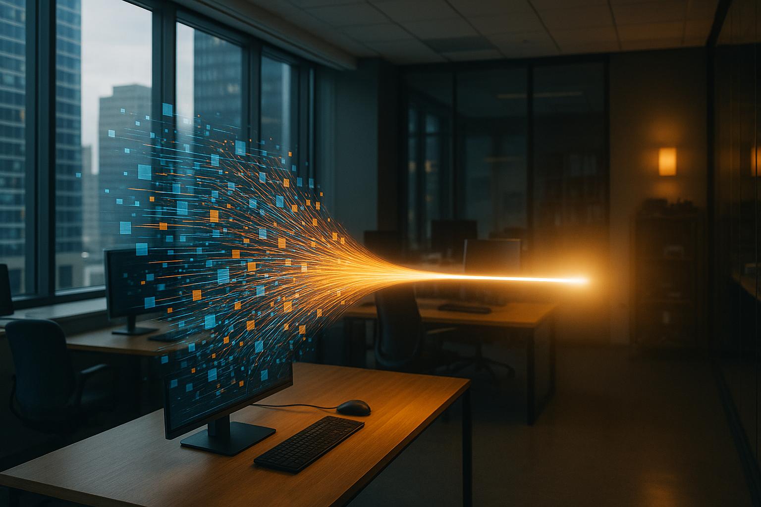 A complex data structure streamlining into a focused beam of light.