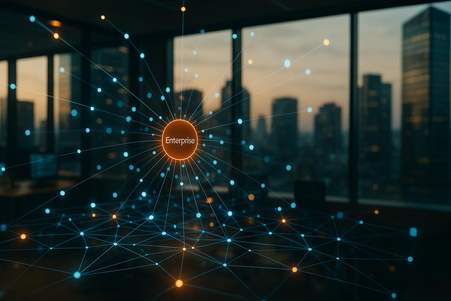 רשת מחוברת של נתיבי נתונים זוהרים וצמתים מופשטים, עם צומת ארגוני מרכזי.