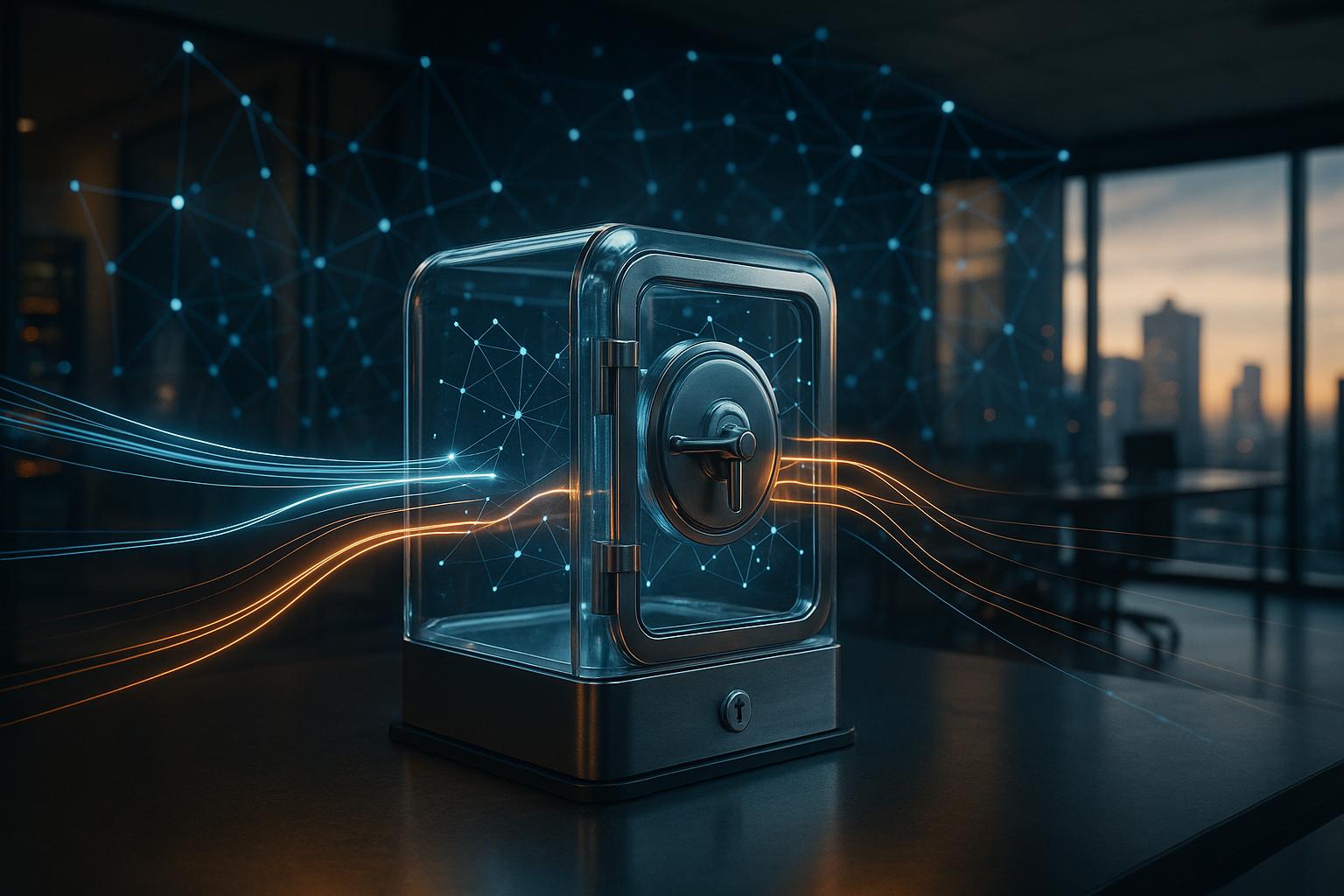 A secure digital vault with data streams connecting to a network of nodes.