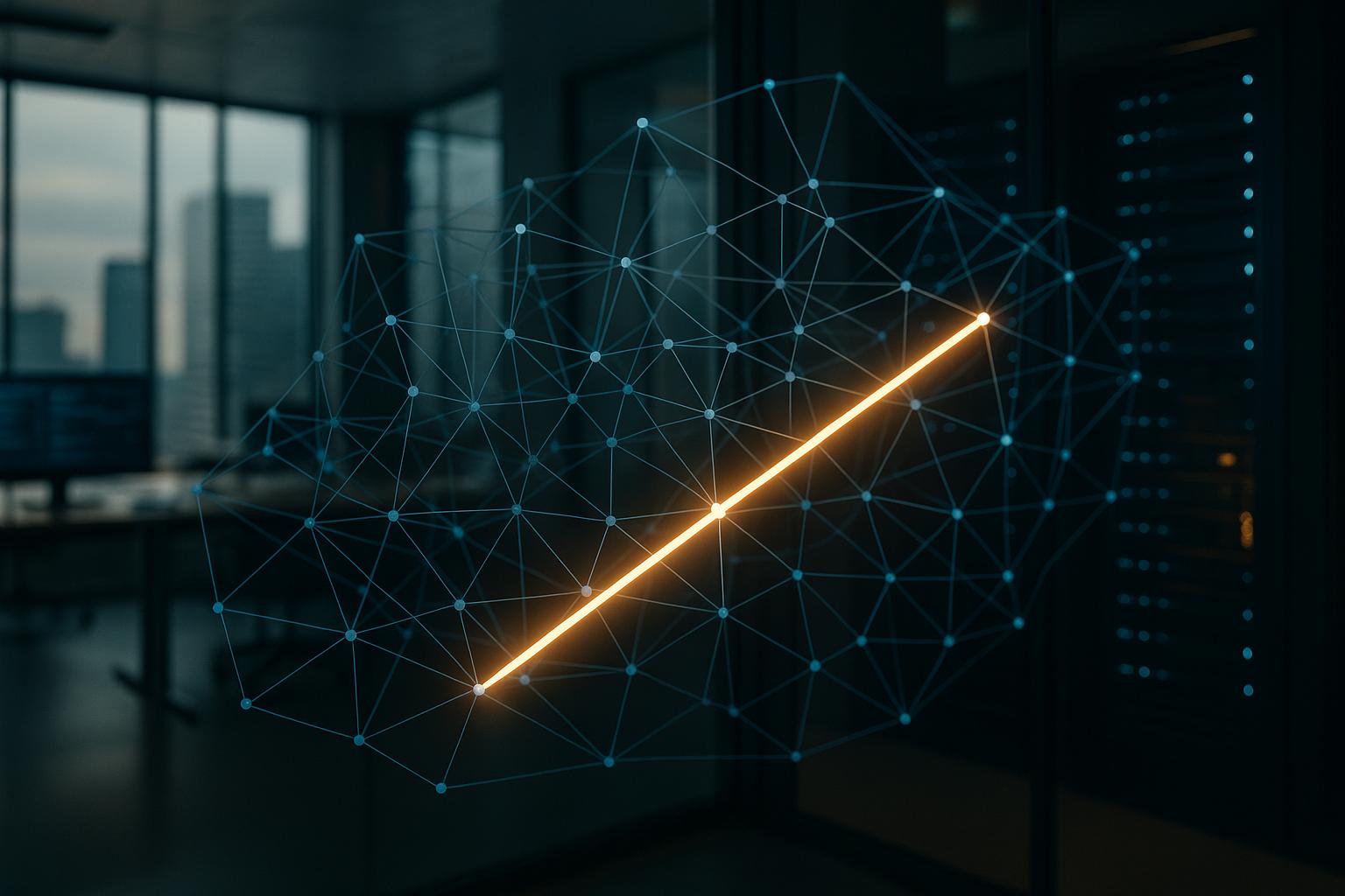 A digital network diagram showing a direct, illuminated data path cutting through a tangled web of connections.