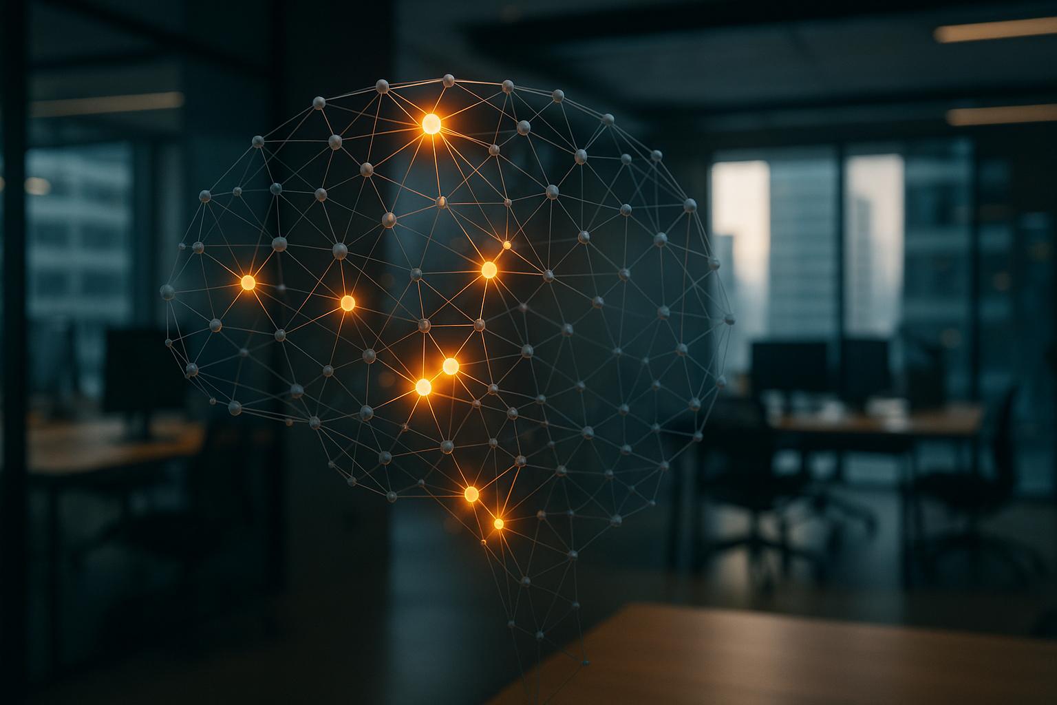 A digital brain with glowing, active nodes and dormant, atrophied nodes within a dynamic, abstract geometric landscape.