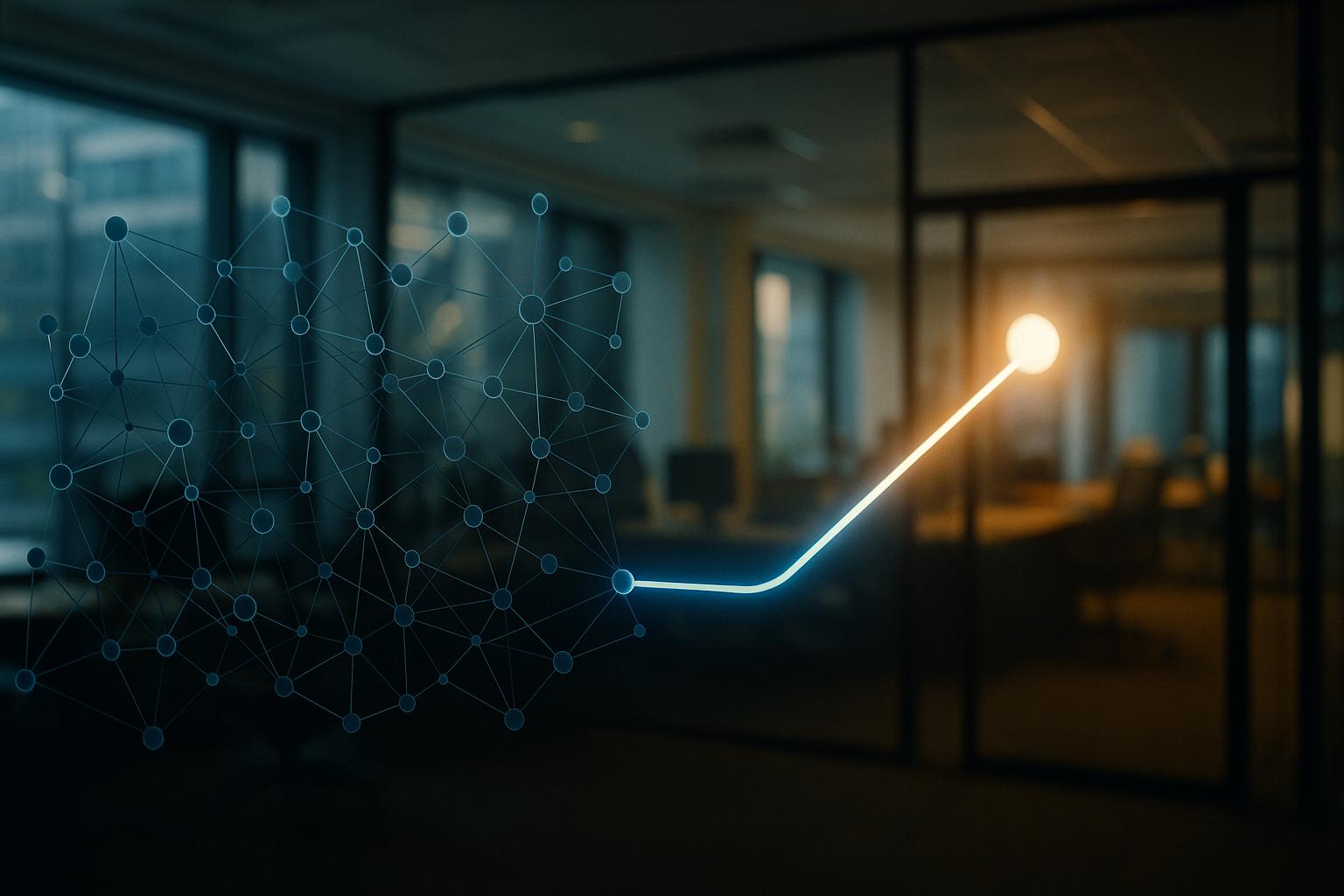 A complex network with a glowing pathway leading to an illuminated destination.