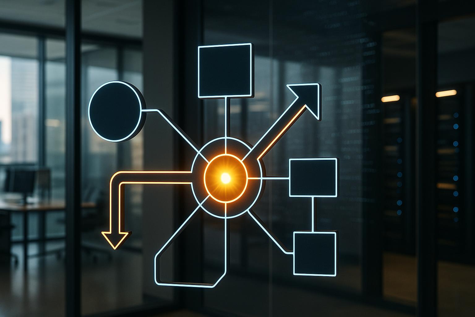 Interconnected geometric shapes forming an efficient system with a central glowing element.