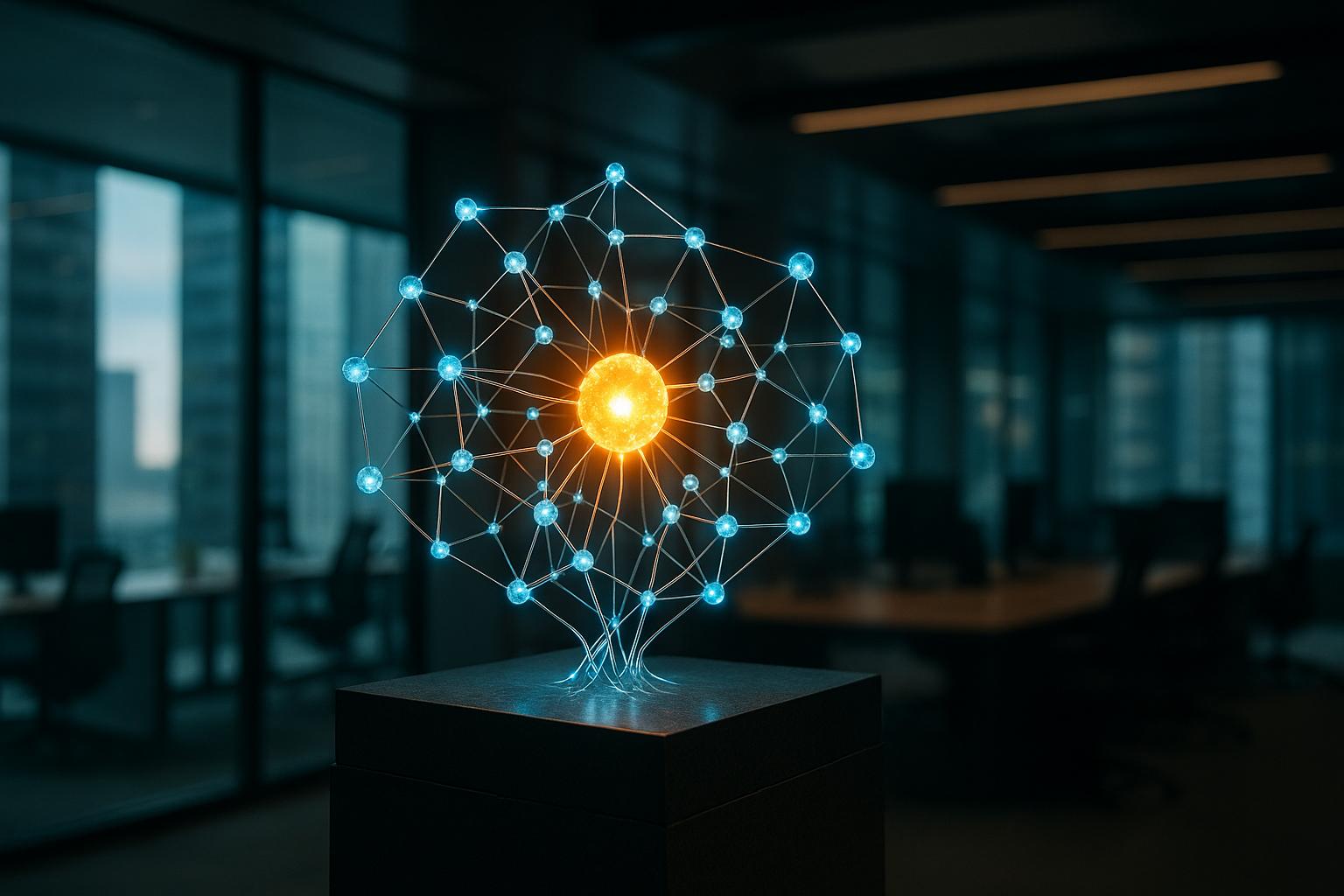 A glowing neural network with a central bright node, integrated into a geometric foundation.
