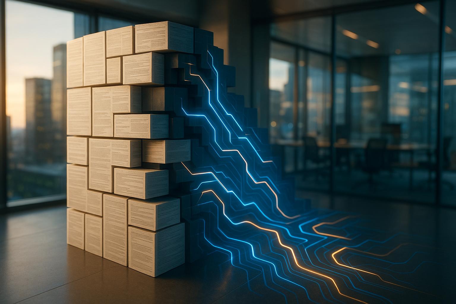 A rigid wall of compliance documents transforming into a flowing network of intelligent pathways.