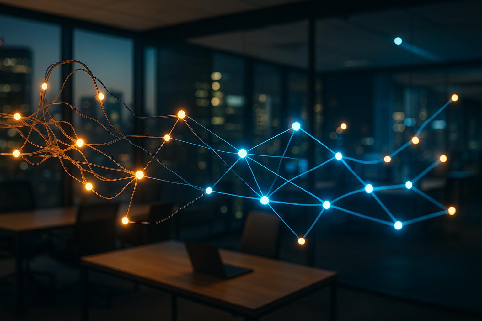 A network of glowing nodes with some strained and tangled pathways, and others clear and brightly illuminated.