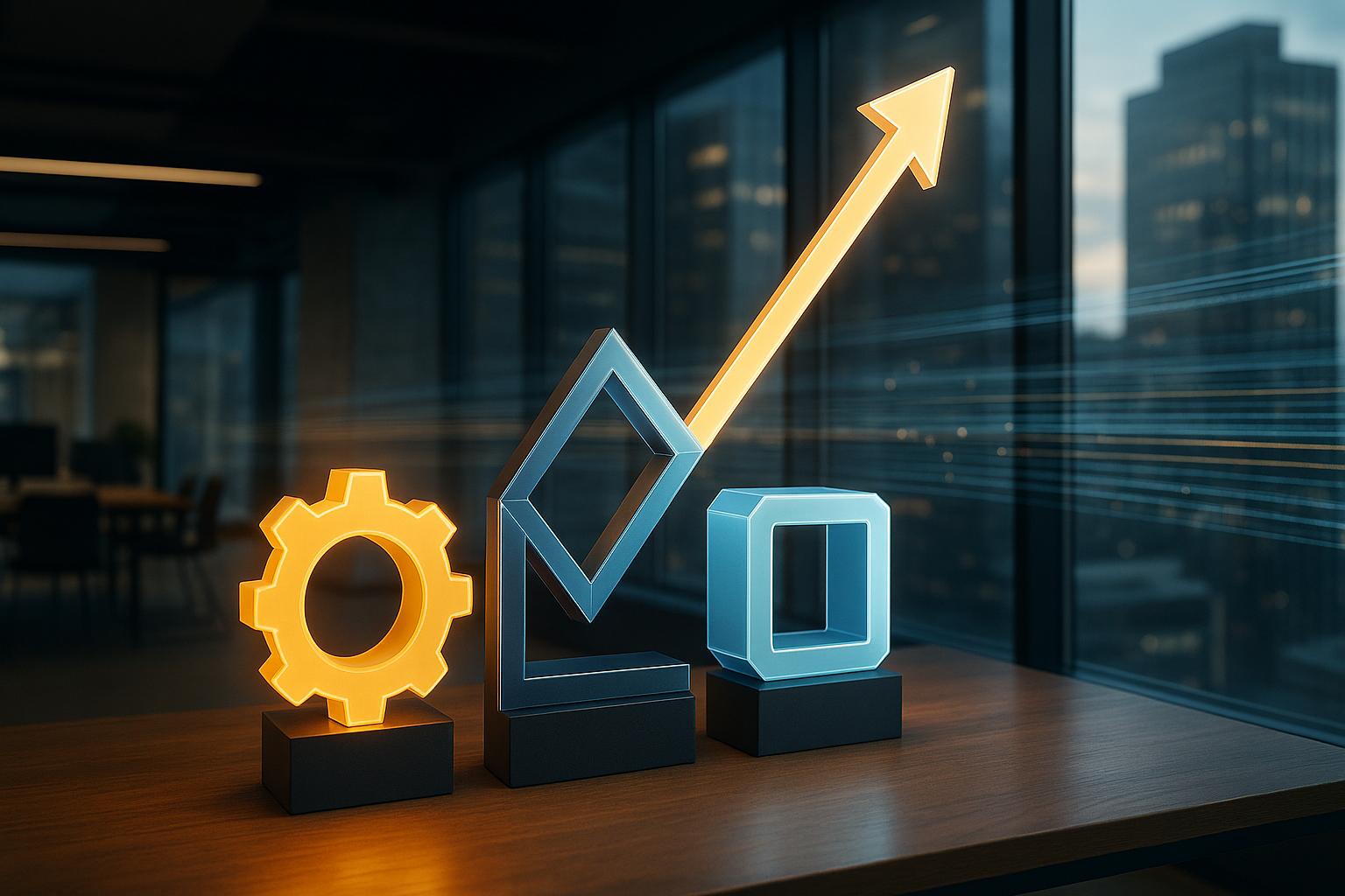 Three interconnected geometric structures representing metrics, converging into a robust, upward-trending graph or pillar.