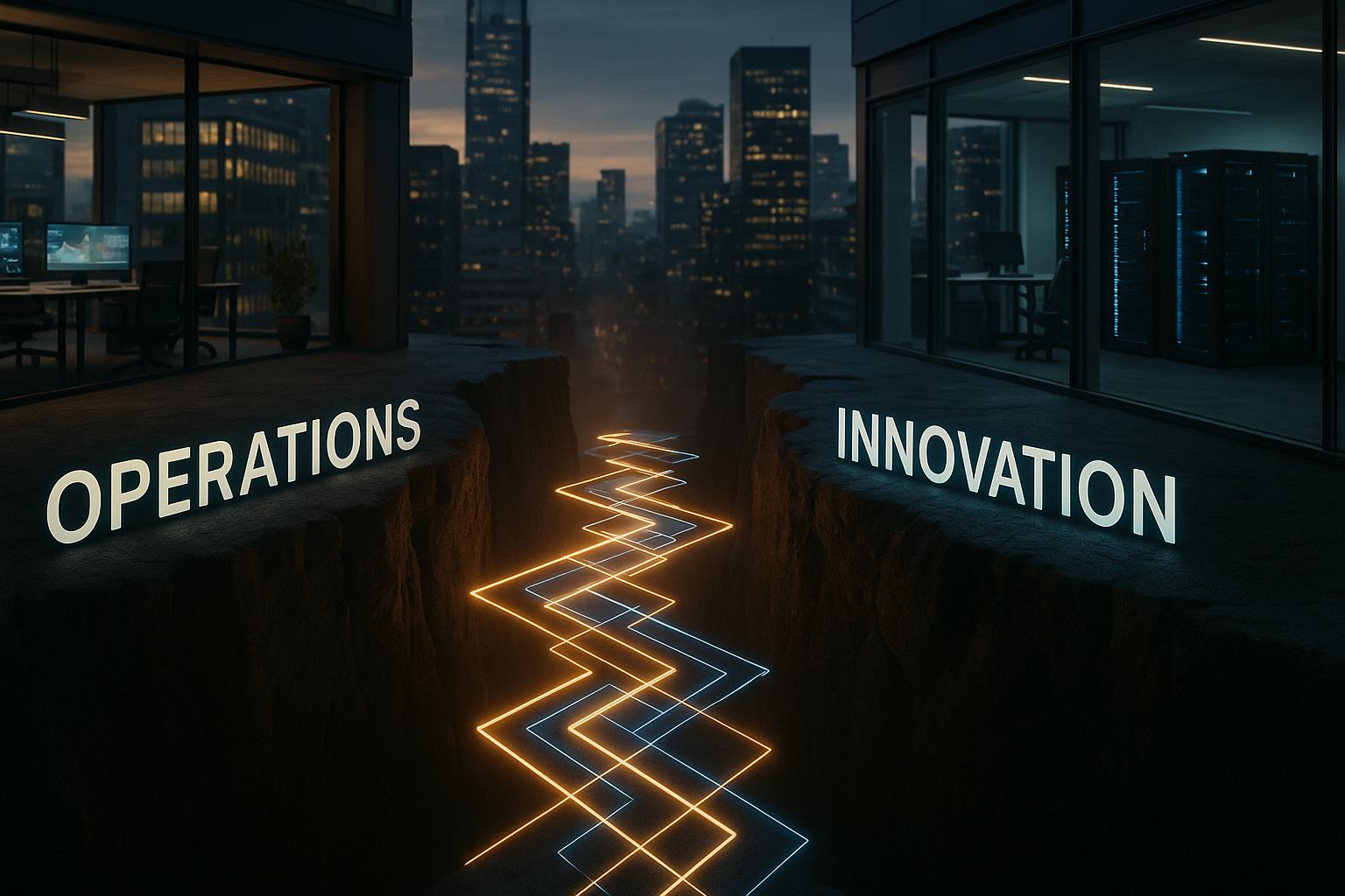 A chasm with two sides, 'Operations' and 'Innovation', connected by glowing pathways.