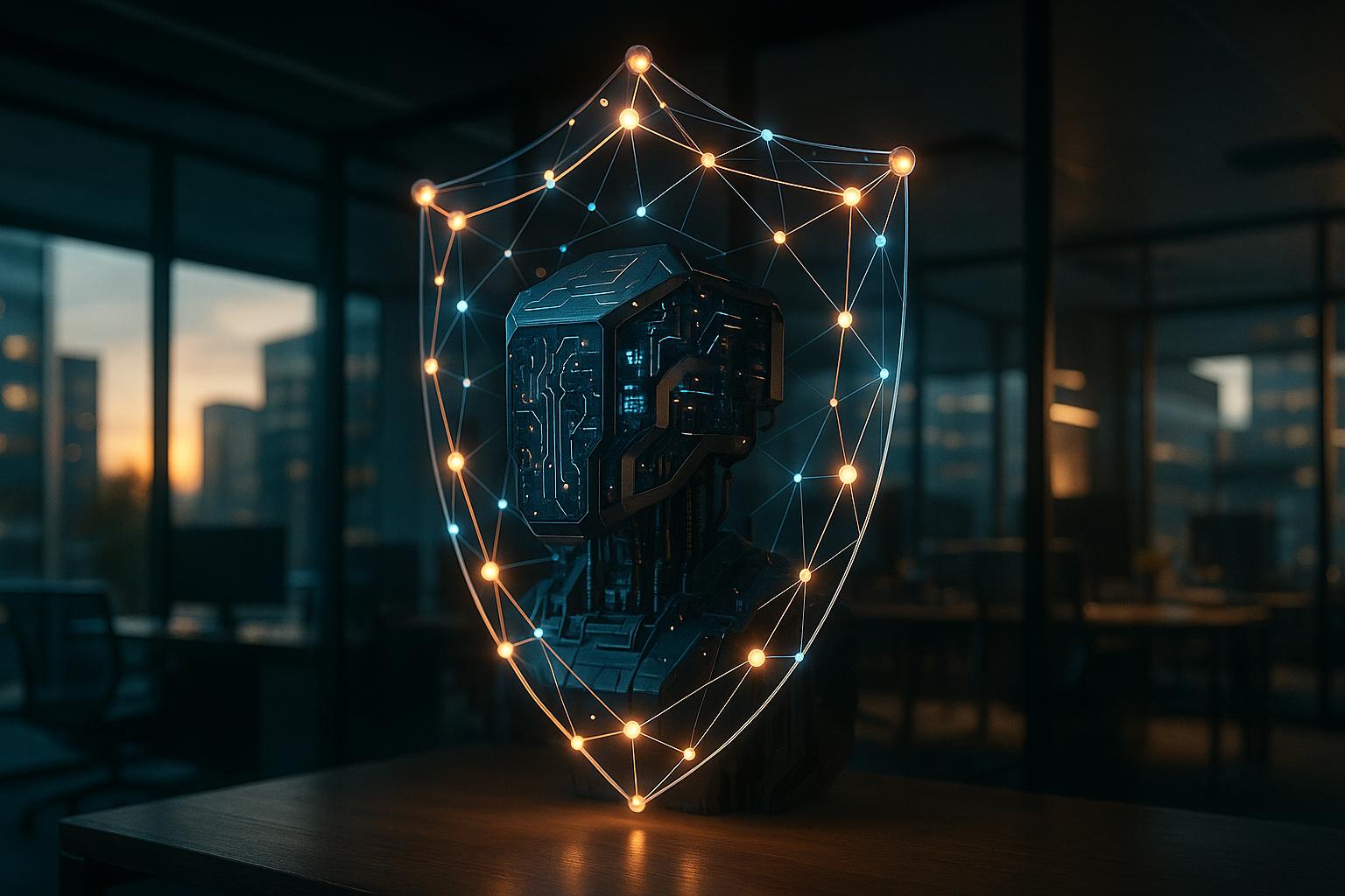 רשת זוהרת ומחוברת של צמתים וקווים היוצרים מגן מגן סביב מערכת בינה מלאכותית מופשטת.