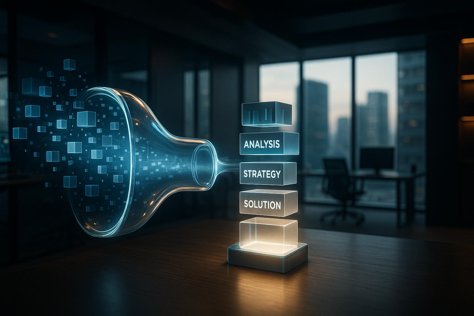 מבנה צוואר בקבוק שקוף הממיר נתונים אטומים לבלוקים קונספטואליים ברורים ומסומנים.