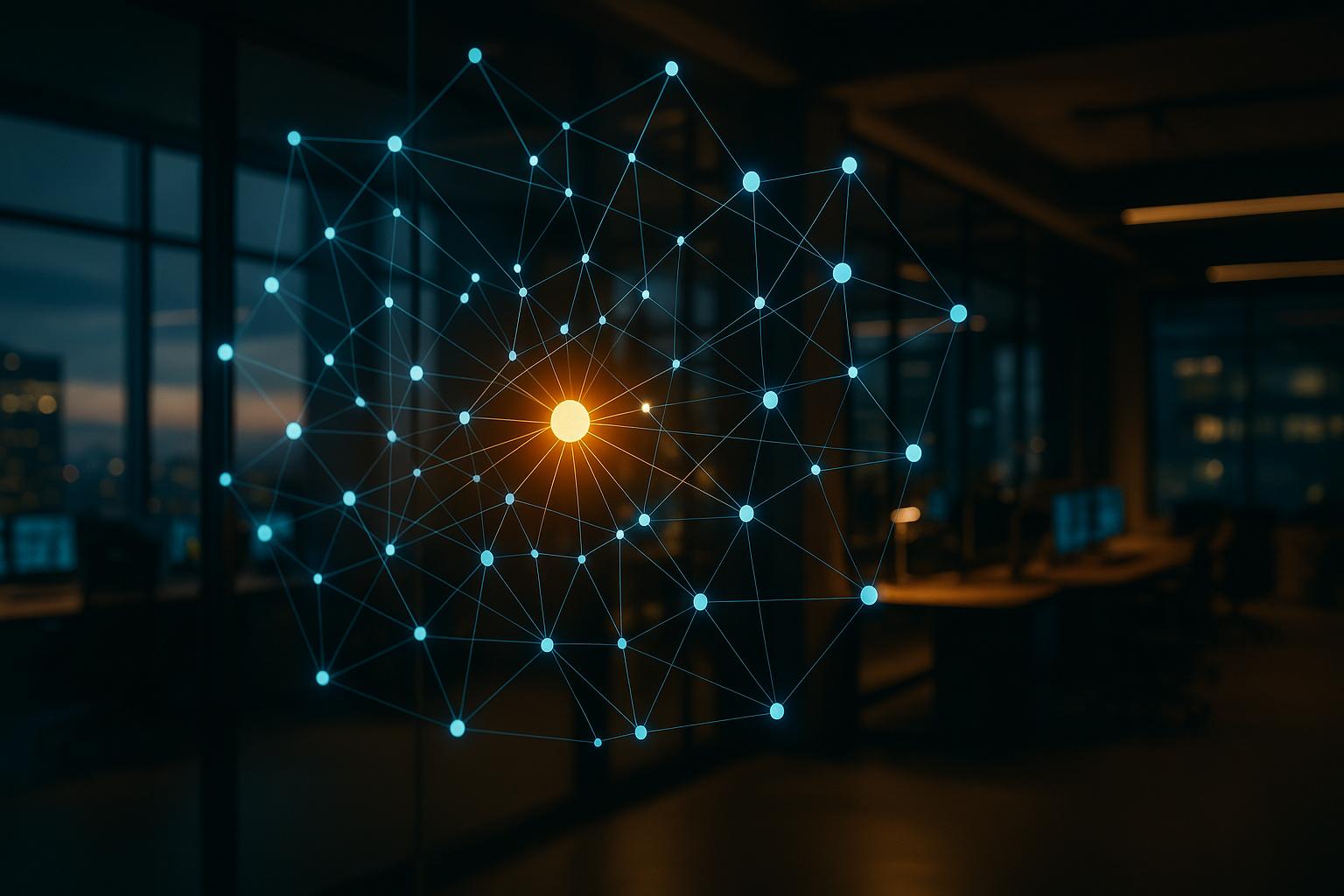 רשת זוהרת של צמתים מחוברים וזרמי נתונים, עם צומת מרכזי המקרין אור.