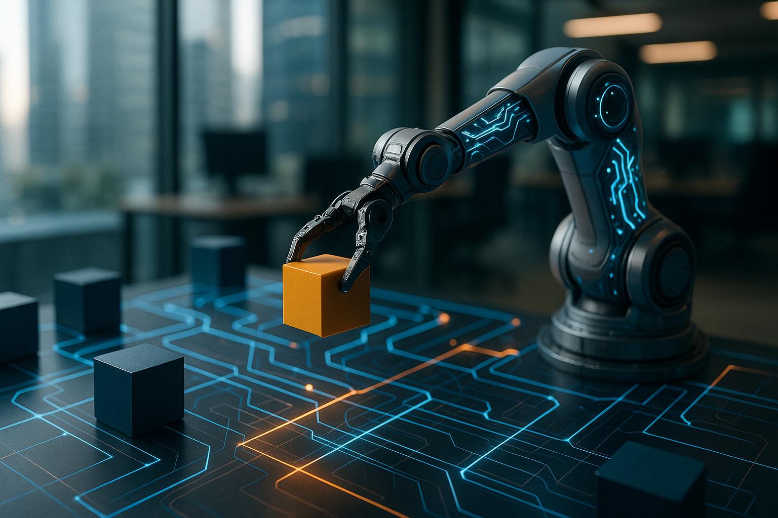 זרוע רובוטית עם מעגלים זוהרים המניפולציה בלוקים גיאומטריים של מטען בתוך רשת דיגיטלית.