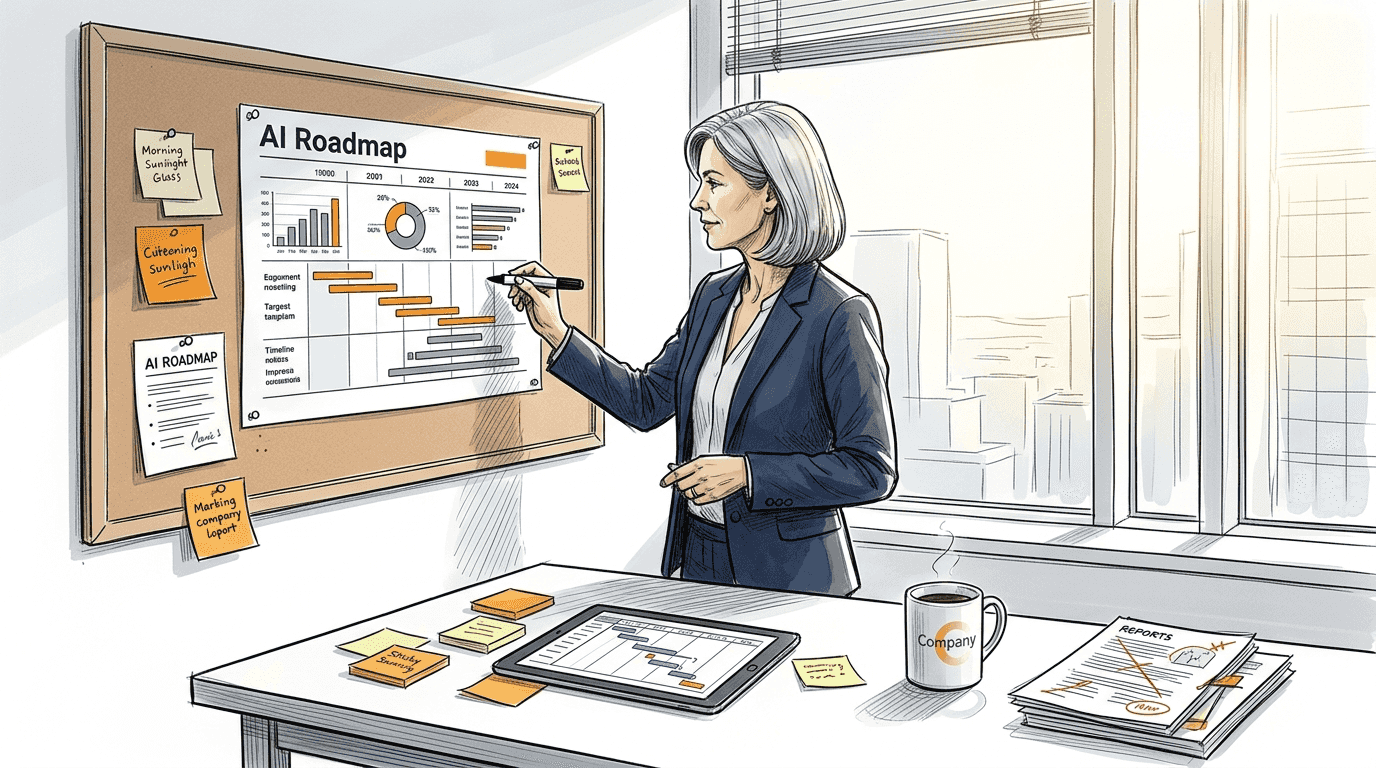 Business professional reviewing an AI roadmap on a board with charts and timelines, marking progress in a modern office with desk items like tablet, notes, and reports.