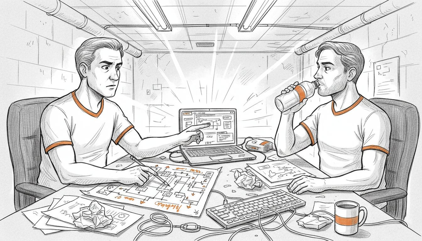 Sketch labels and notes on diagrams, small UI text on laptop screen, and handwritten annotations on papers, mostly not clearly readable.