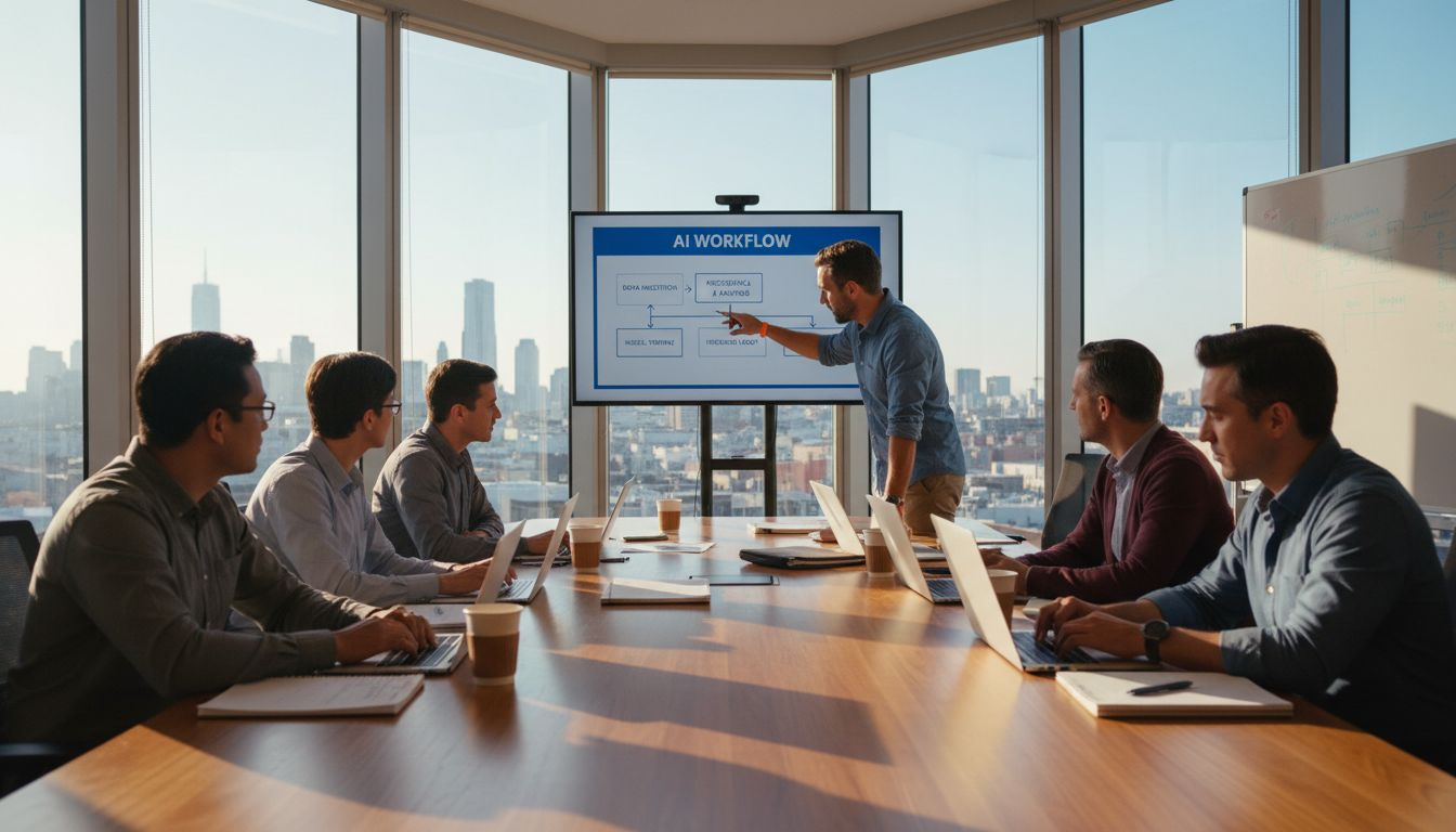 Business team meeting in a modern office reviewing an AI workflow presentation, with a presenter explaining processes on a screen while colleagues follow on laptops.