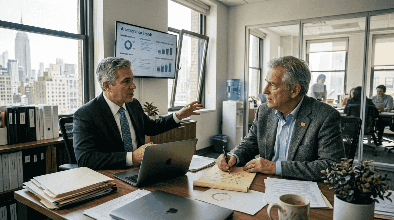 Two executives discuss AI strategy in a modern office, reviewing documents and a laptop while a screen behind them shows AI integration trends.